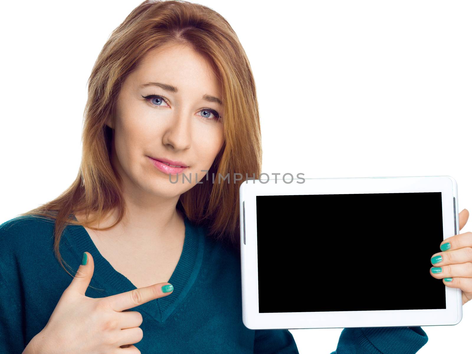 Beautiful woman holding a tablet computer and showing on black screen on white background
 by id7100