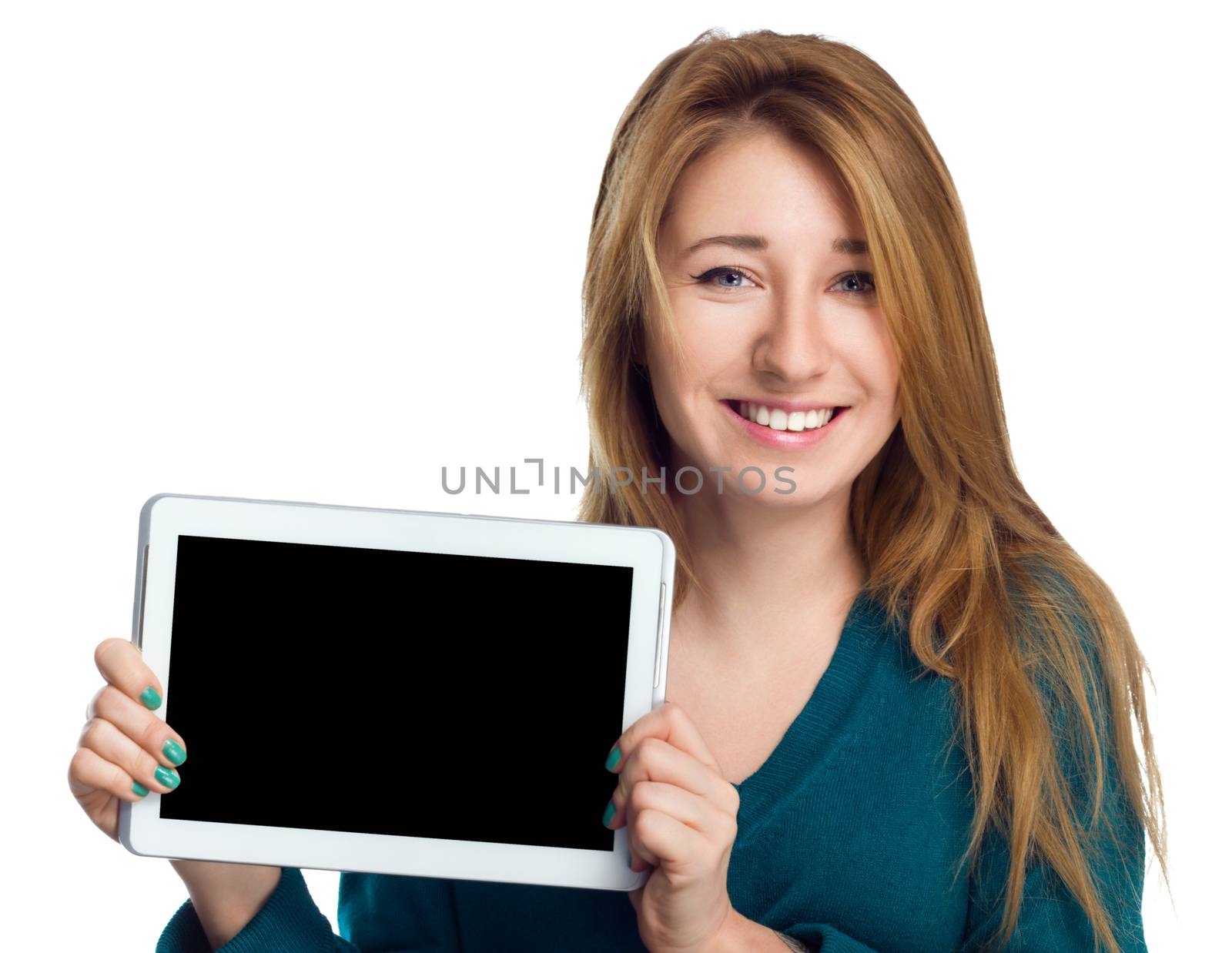 Young cheerful woman is showing blank tablet
 by id7100