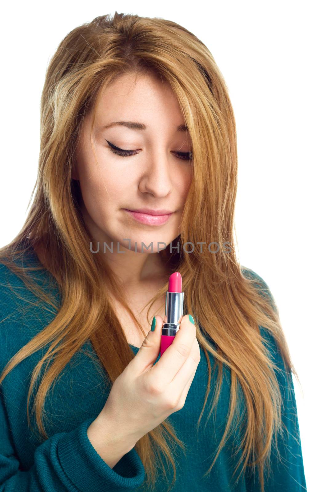 Beautiful woman holding lipstick, isolated over white