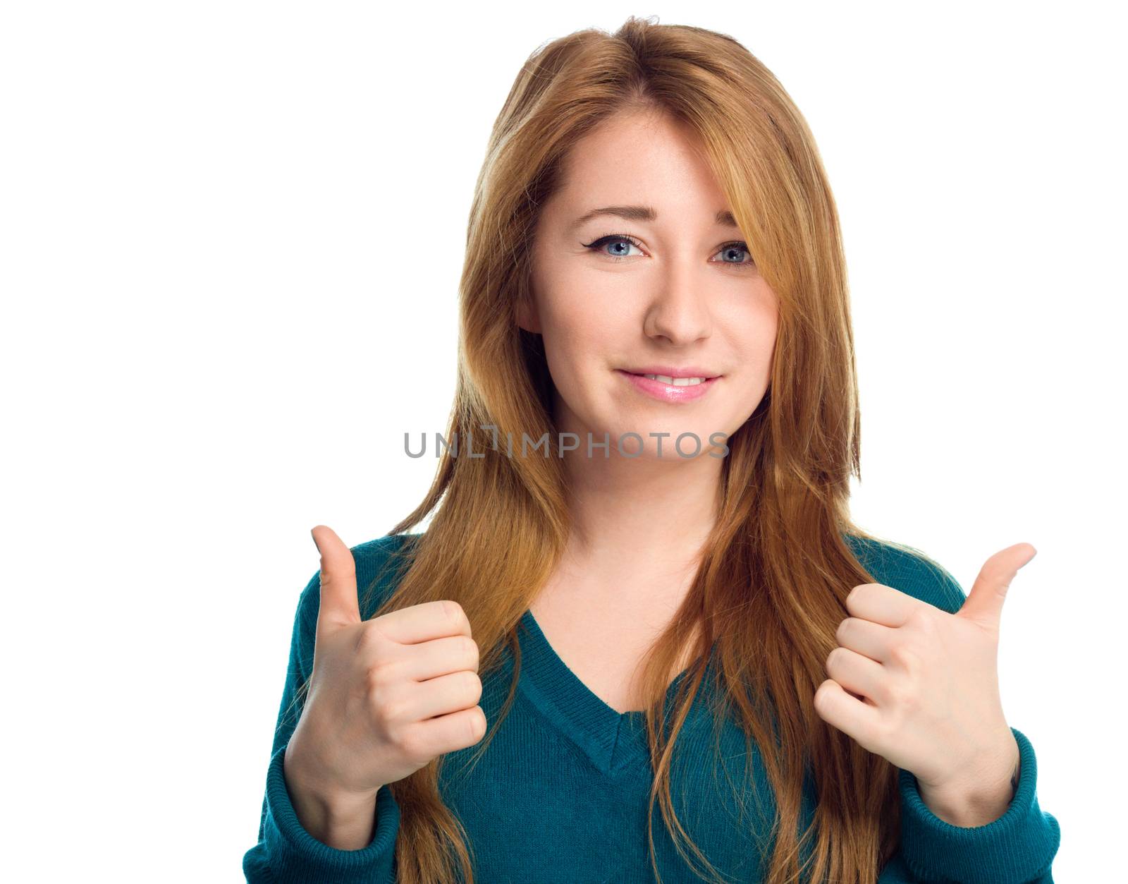 Young woman is showing thumb up gesture, isolated over white