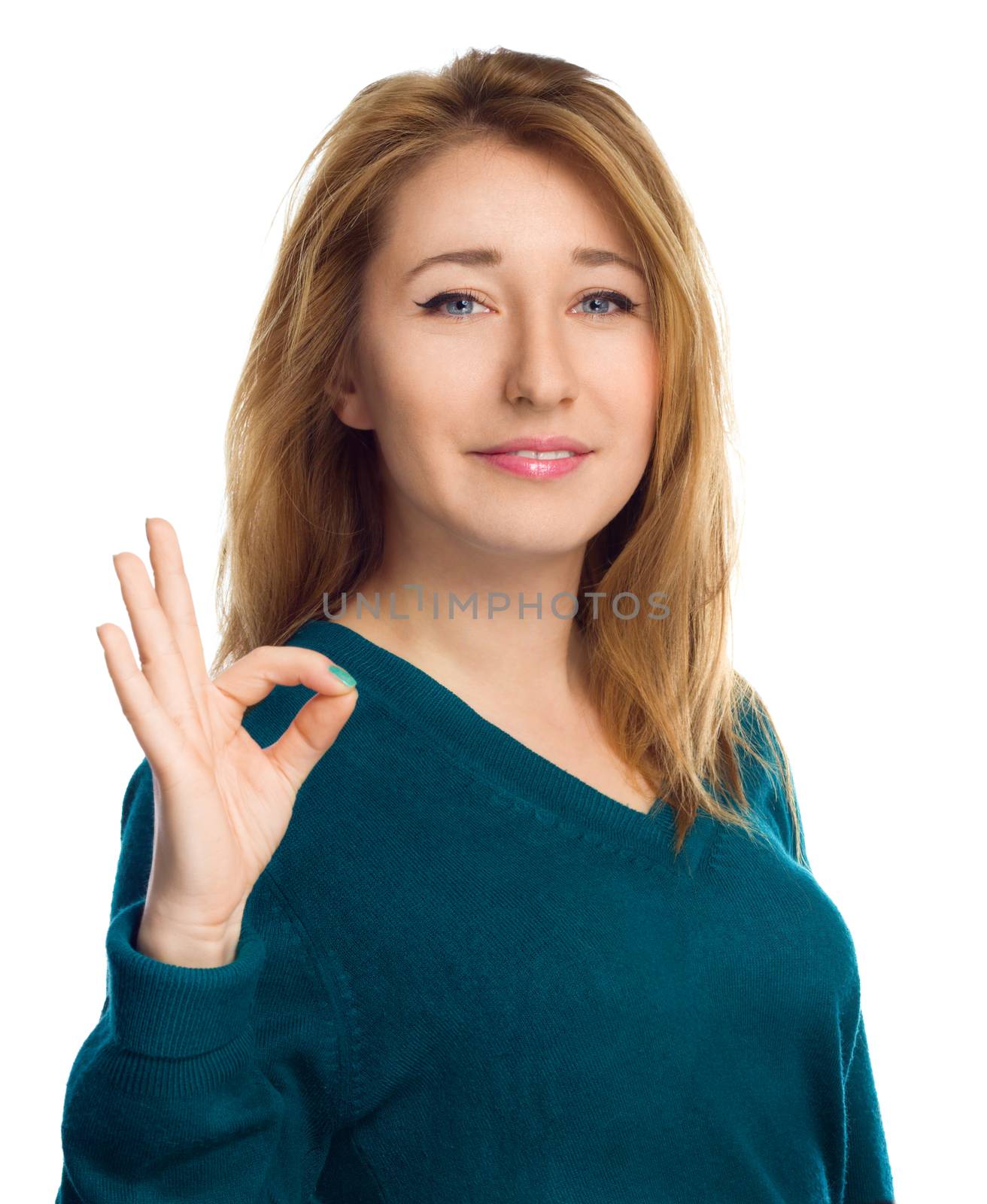 Young beautiful woman is showing OK sign, isolated over white
