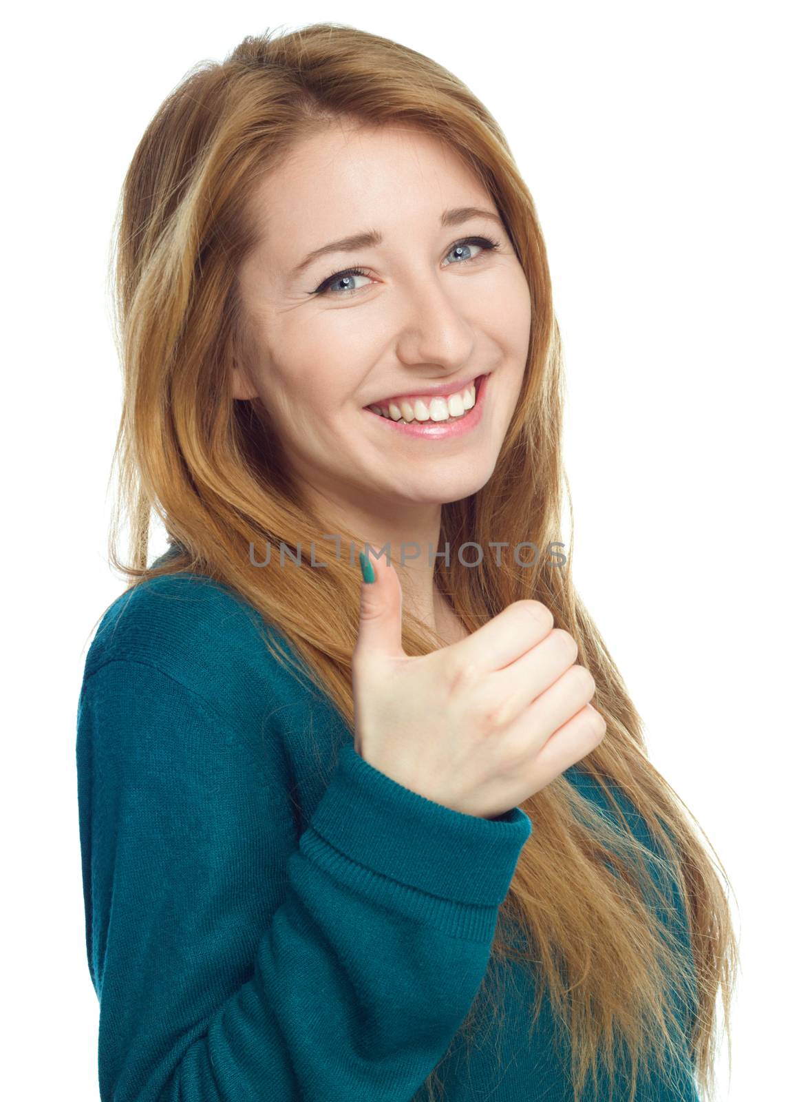 Young woman is showing thumb up gesture, isolated over white