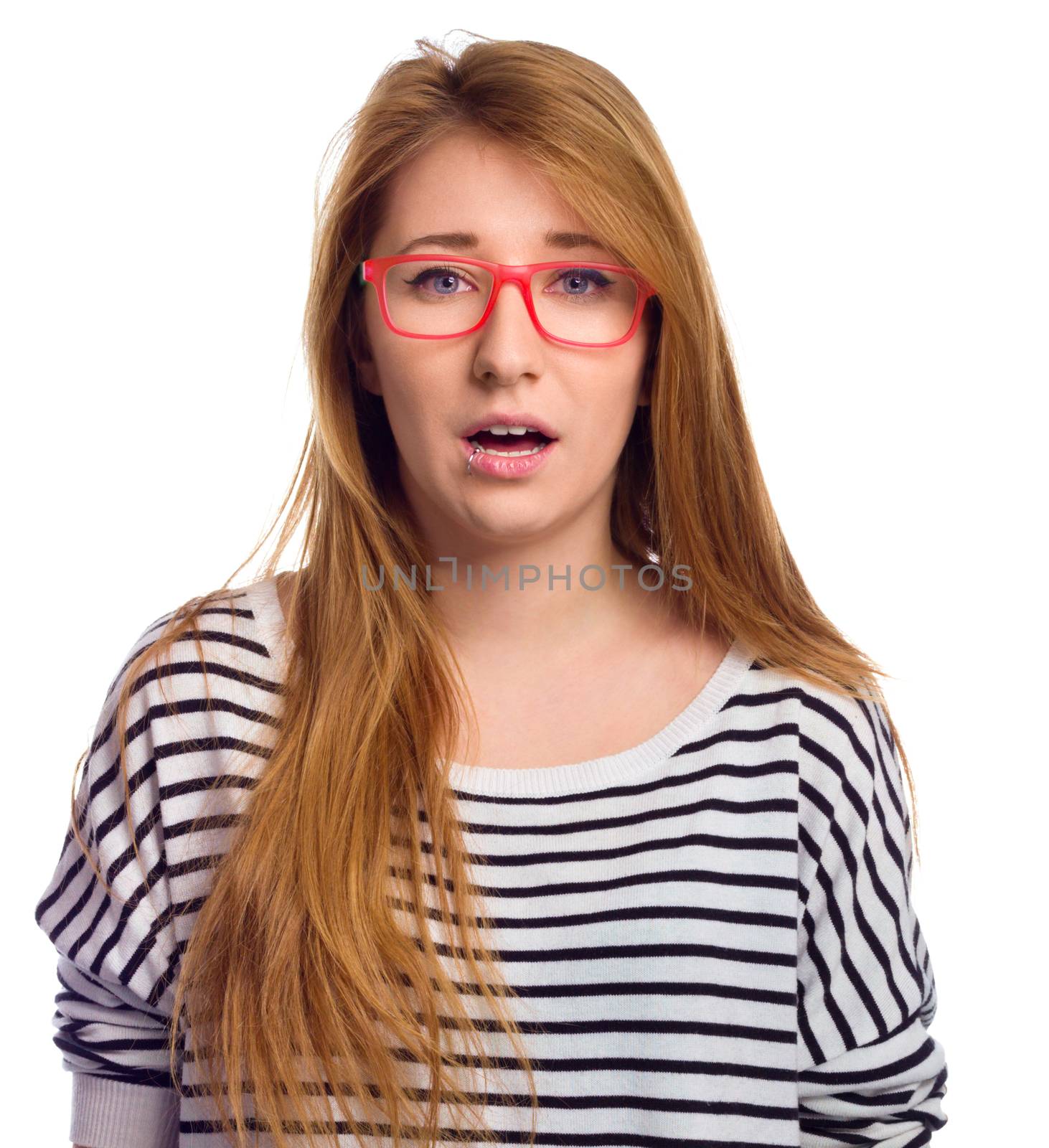 Funny portrait of excited woman wearing glasses eye wear. Young woman making funny face expression isolated on white background