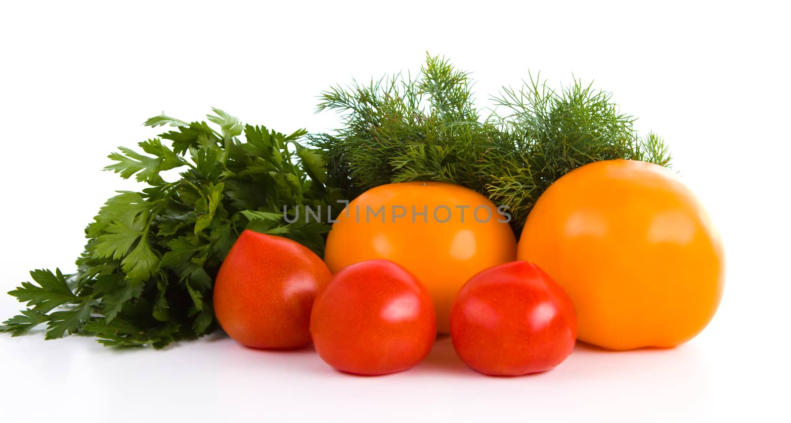 Red and yellow tomatoes with dill and parsley isolated on white background