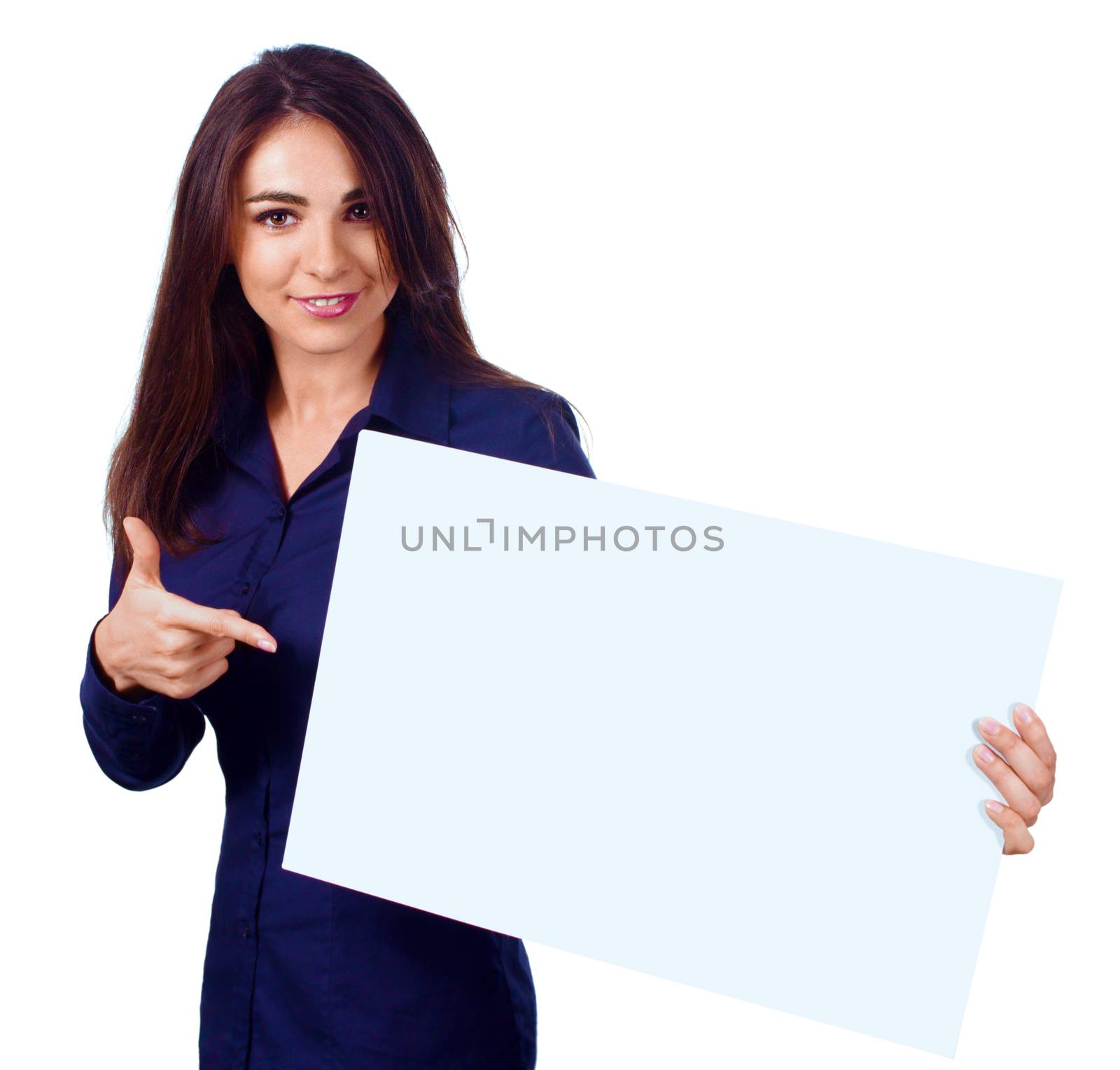Young woman is holding blank banner, isolated over white by id7100