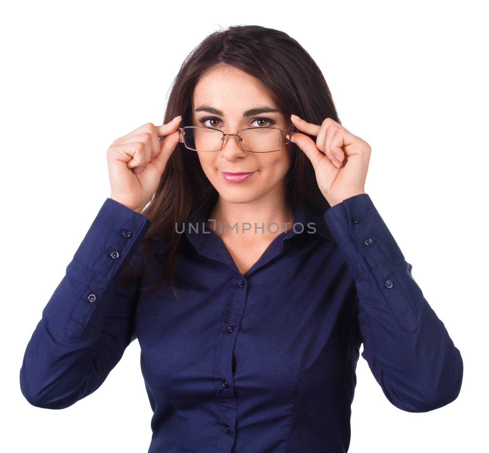 Young beautiful business woman with glasses, isolated over white