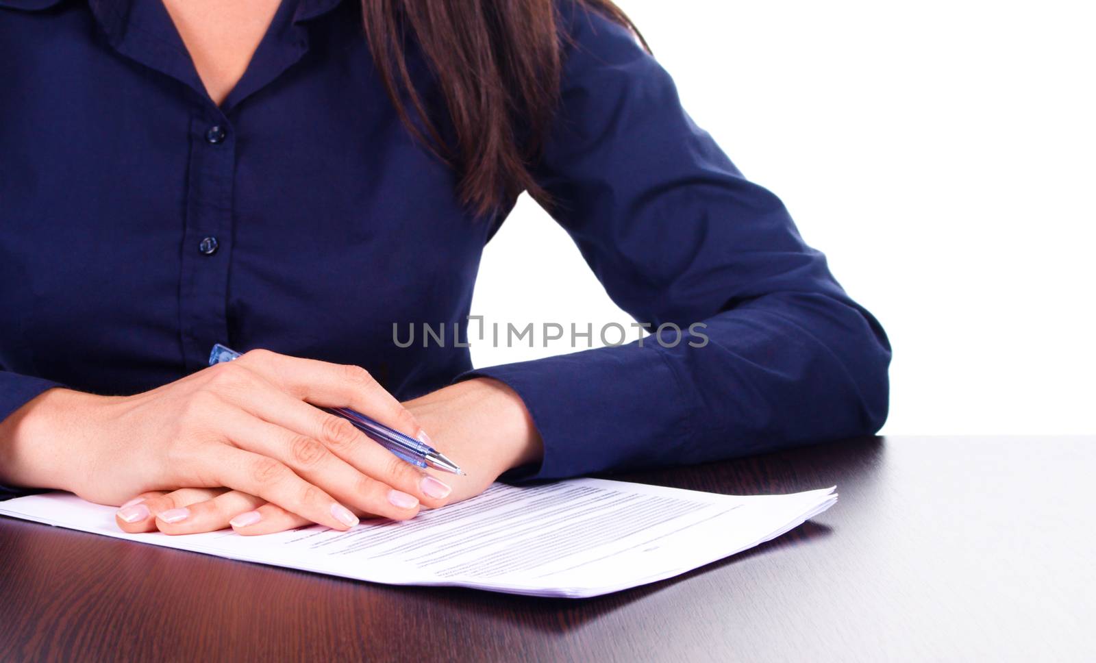 Woman signs a contract on a table, isolated over white by id7100