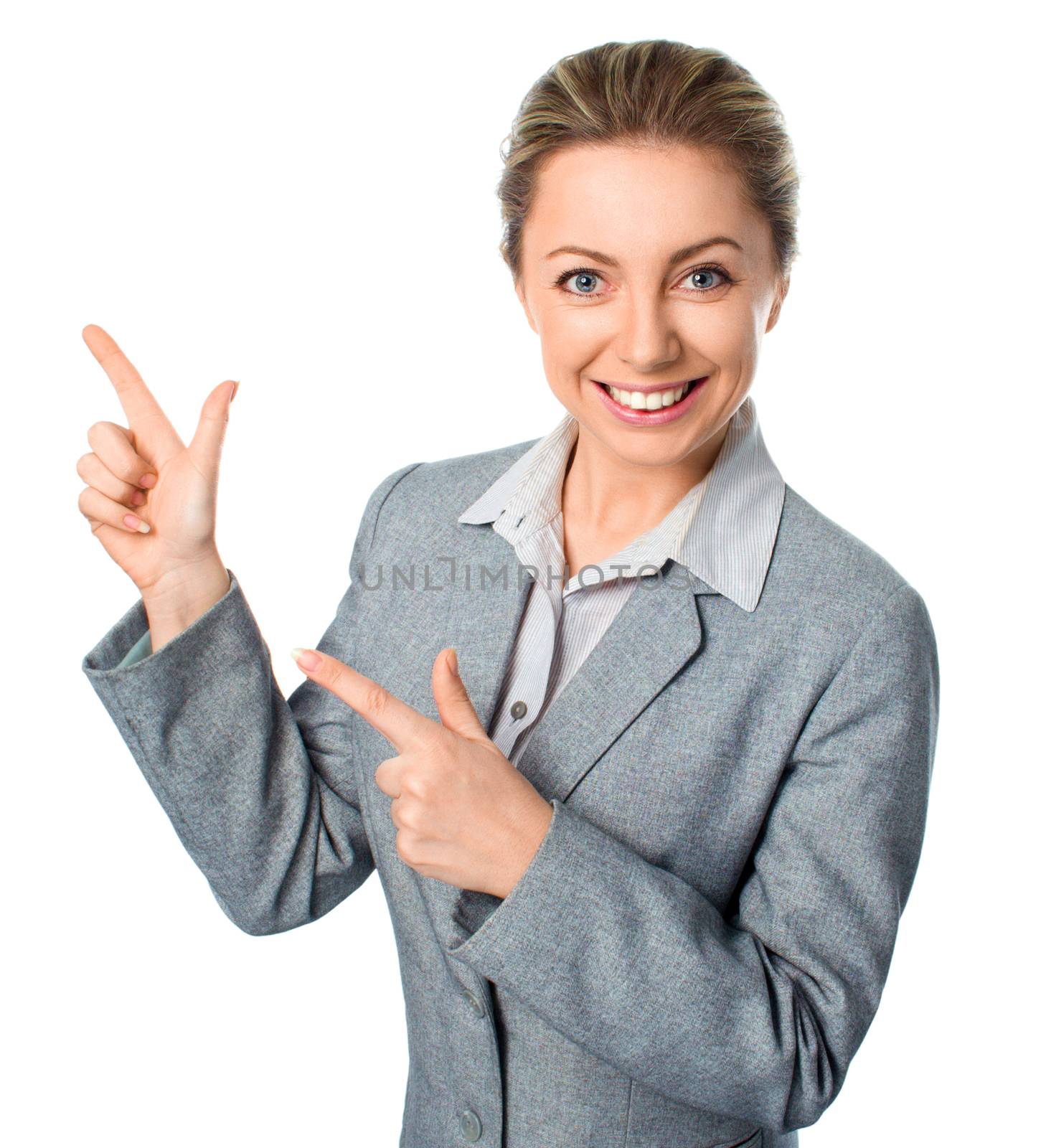 Business woman is pointing aside, isolated on white