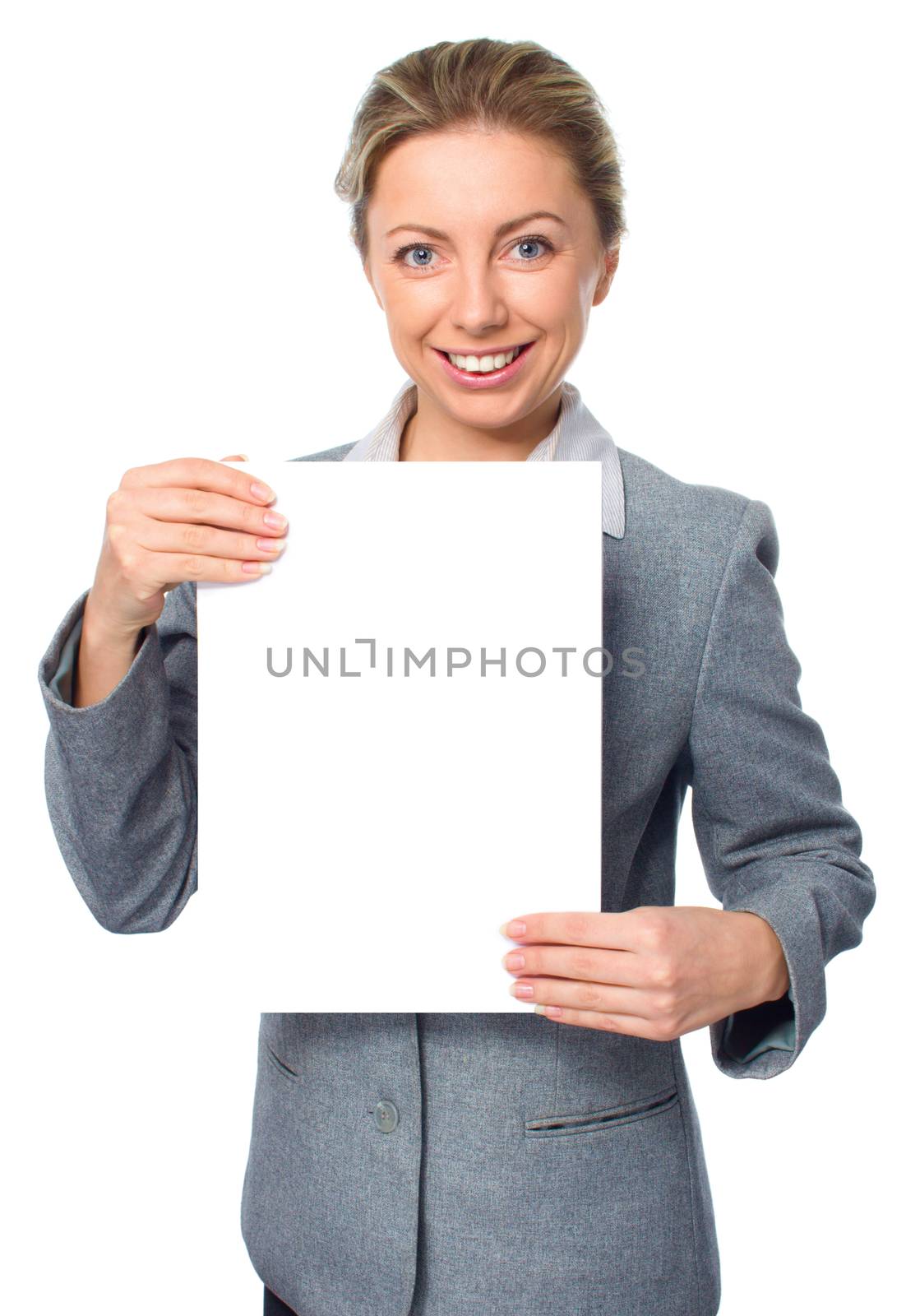 Business woman portrait with blank white banner, isolated over white