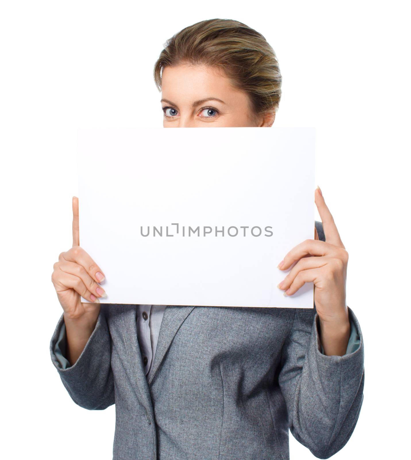 Business woman portrait with blank white banner by id7100