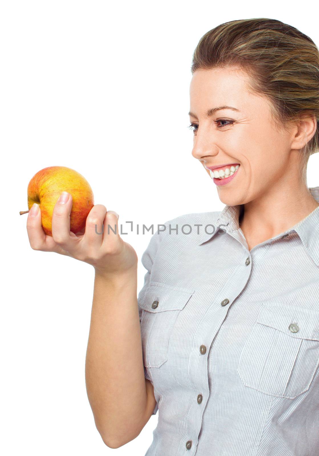 beautiful young woman with apple, isolated on white