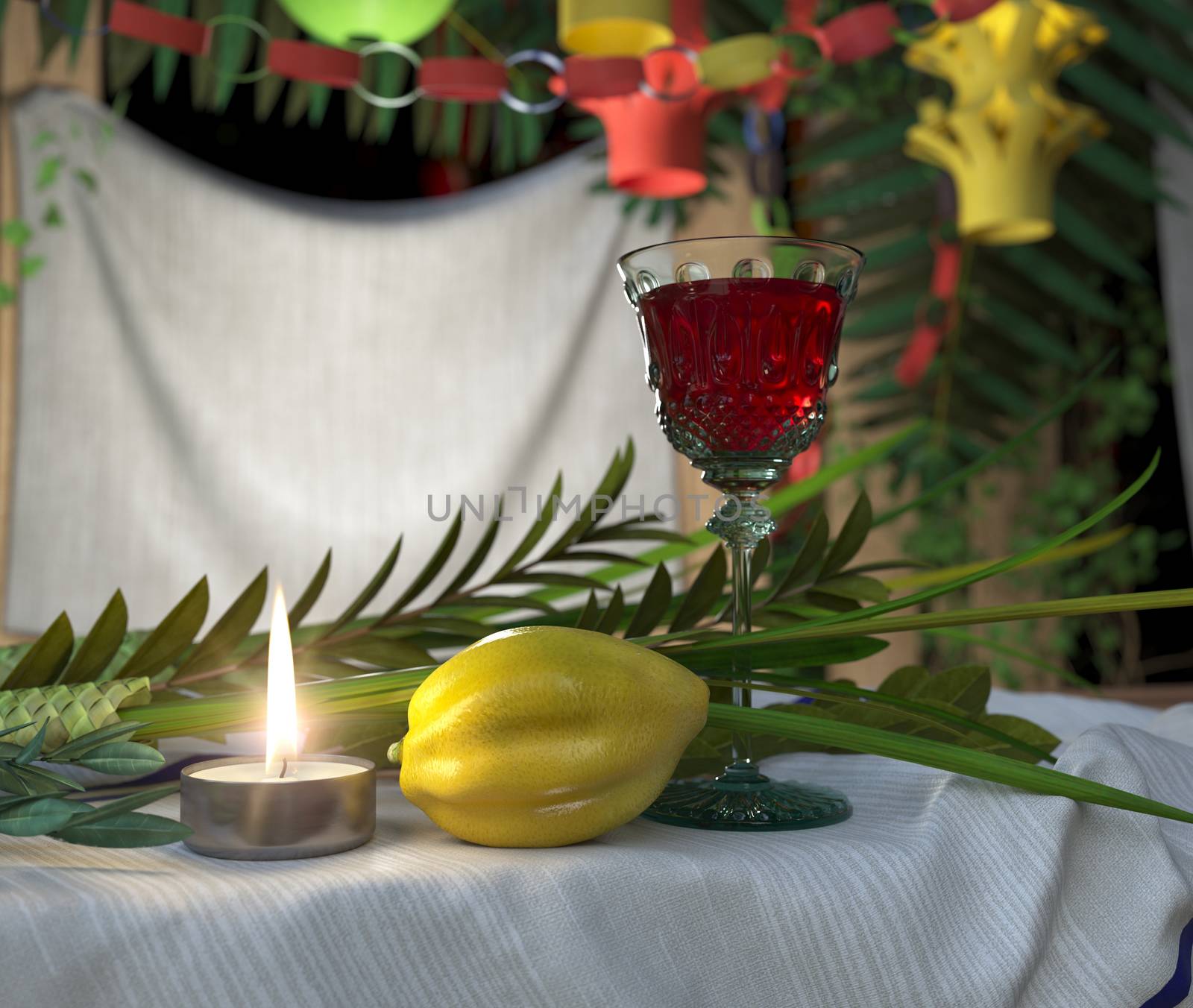 Symbols of the Jewish holiday Sukkot with candle and wine glass by denisgo