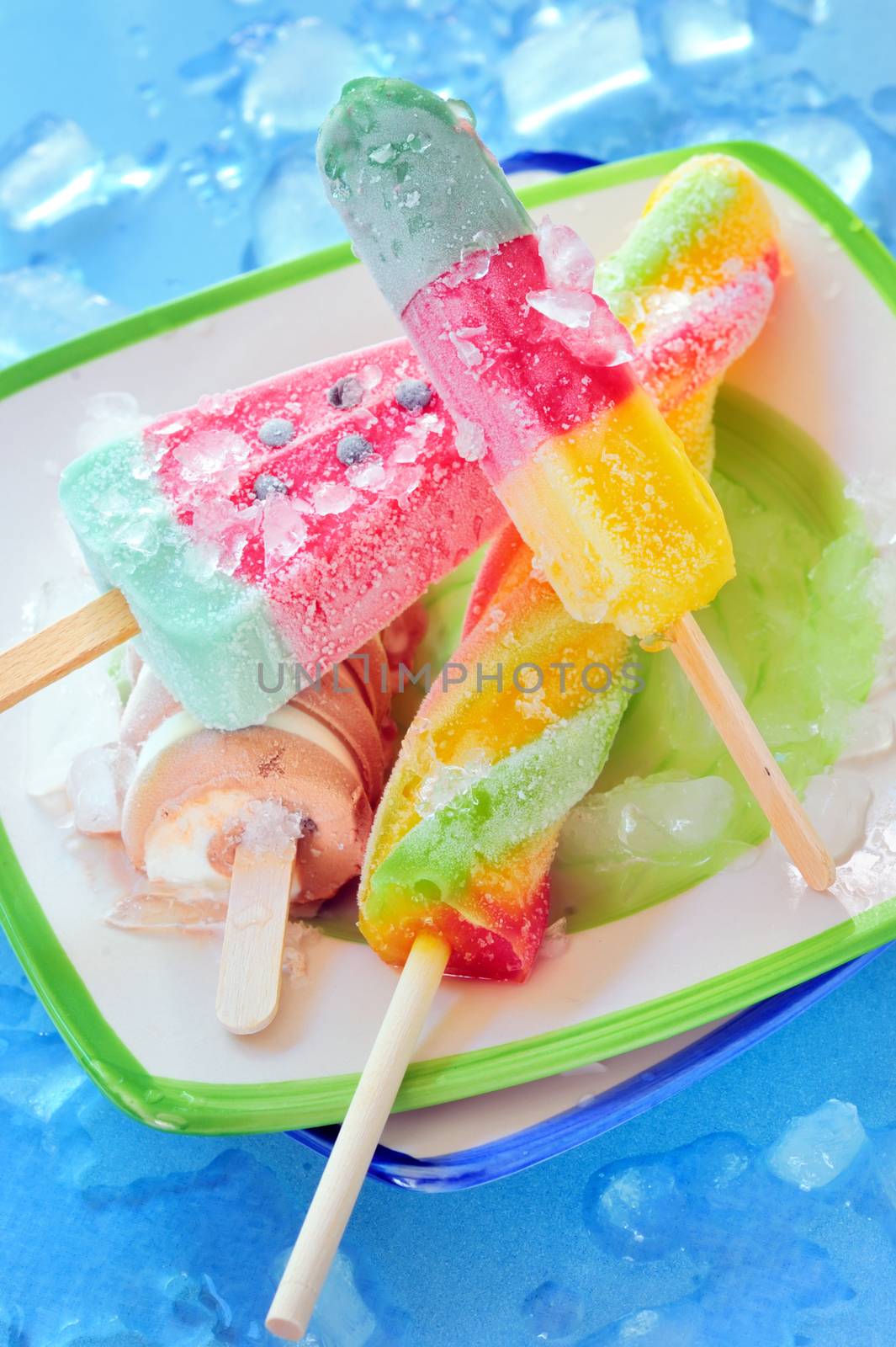 Icecream and popsicle with ice cubes