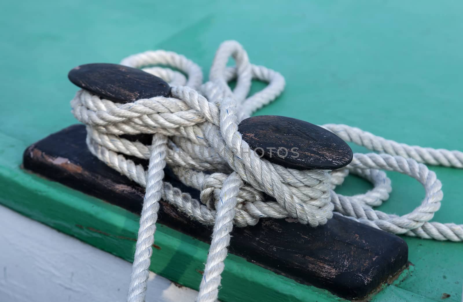 Knots and ropes on a moored ship in harbor