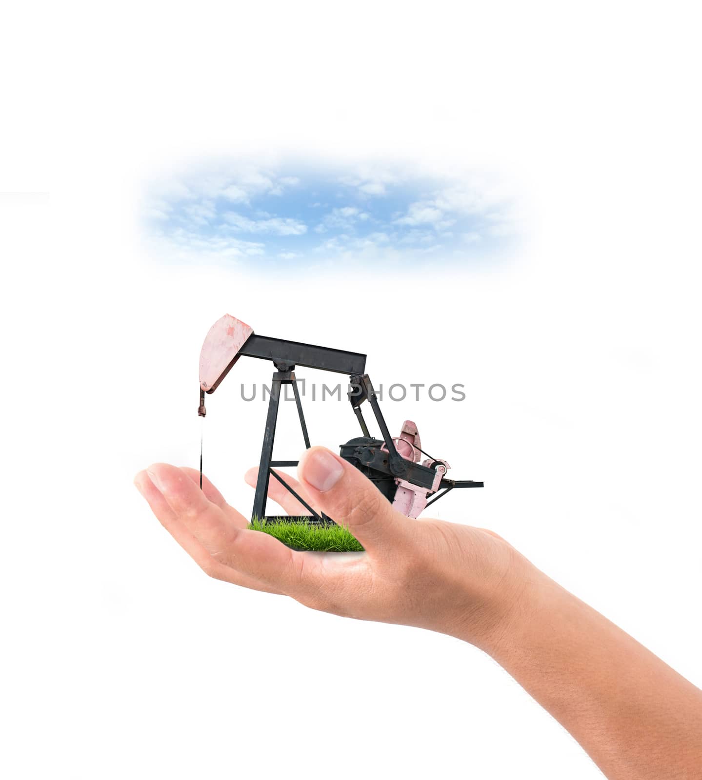 hand hold pumpjack isolated on white background