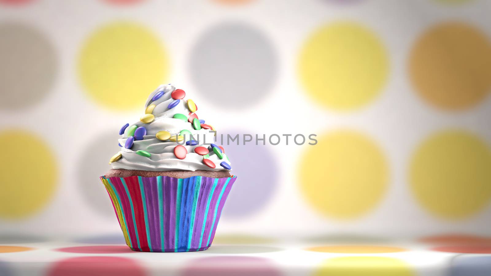 Delicious cupcake with smarties on a whipped cream. Colored disks background. Copy space
