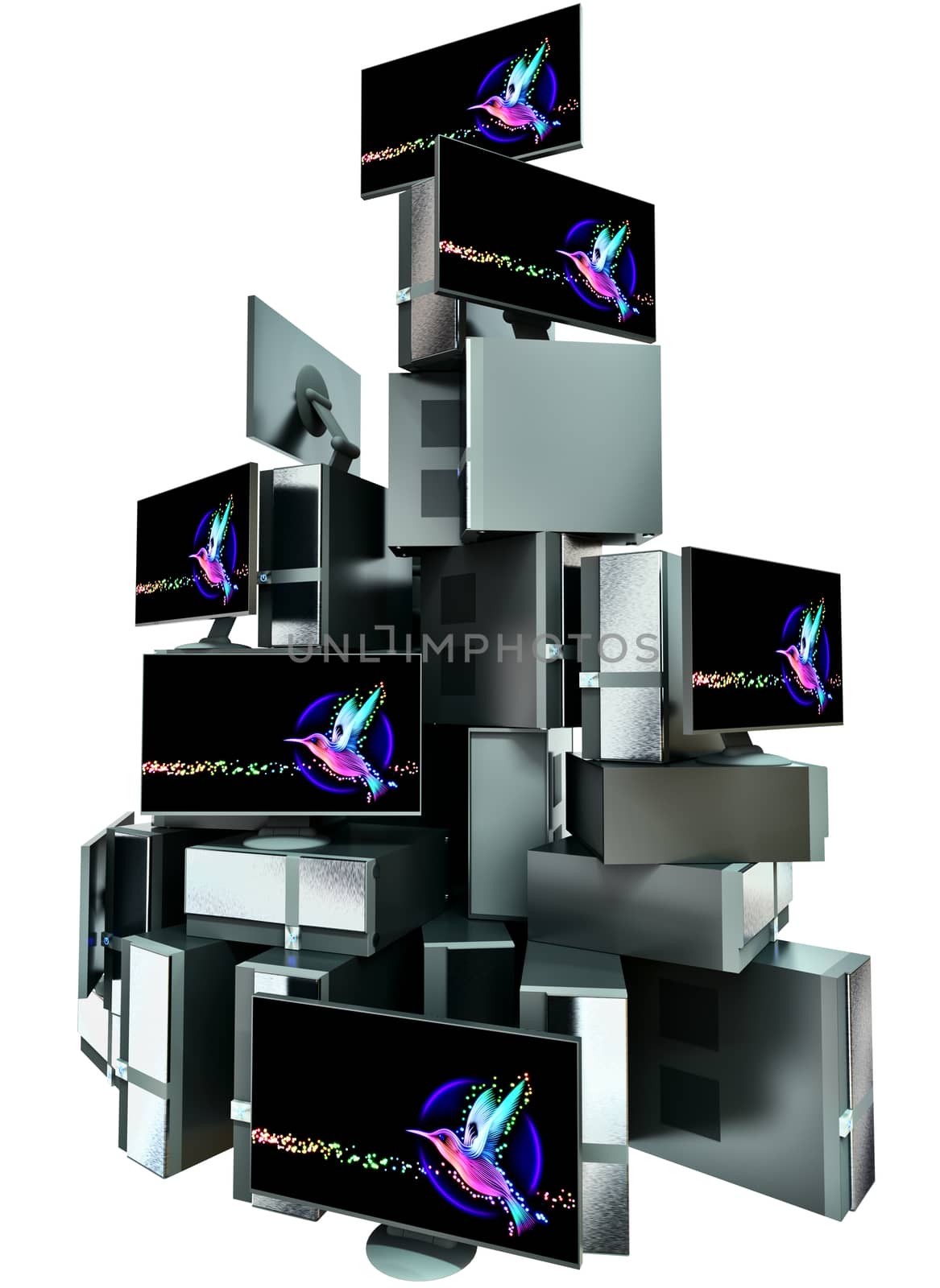 A set of multiple computers assembled in the composition in the form of high pyramid on white background. 3d illustration concept.