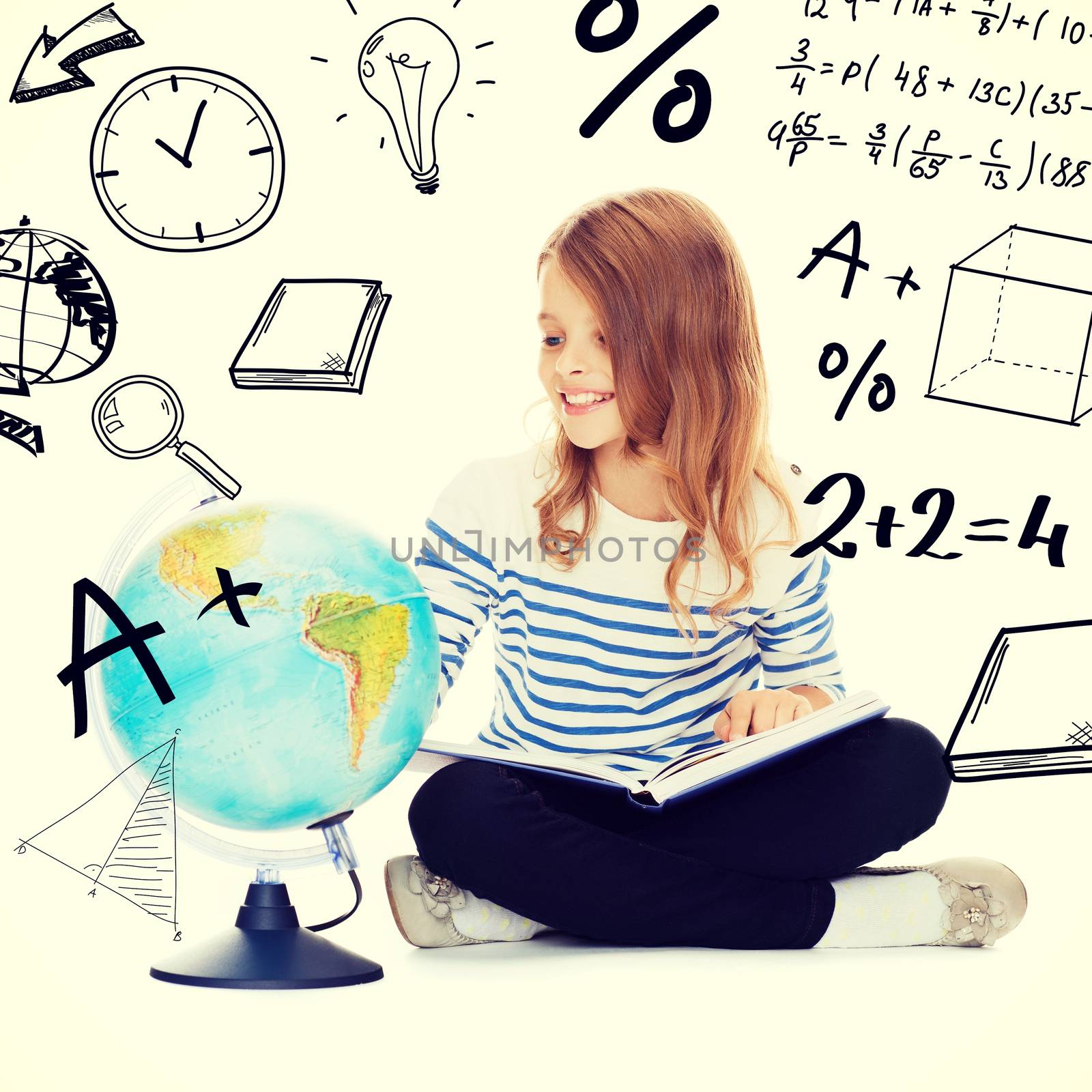 education and school concept - little student girl looking at globe and holding book