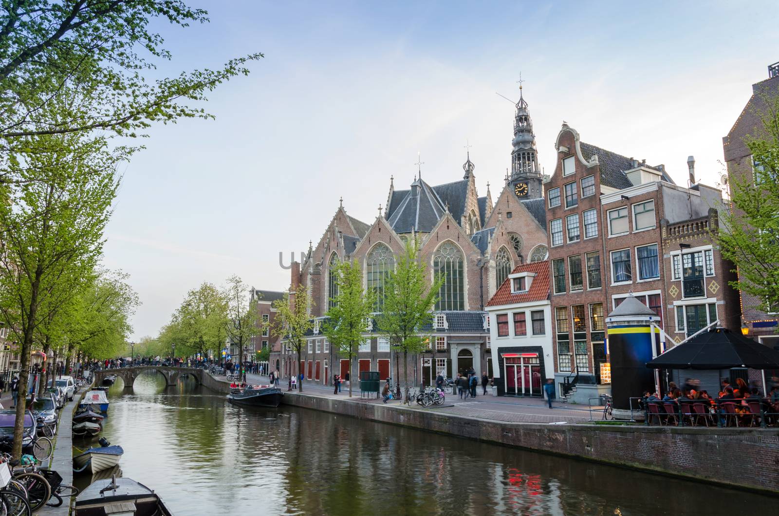 Old Church (Oude Kerk) in main red-light district, Amsterdam, Netherlands.