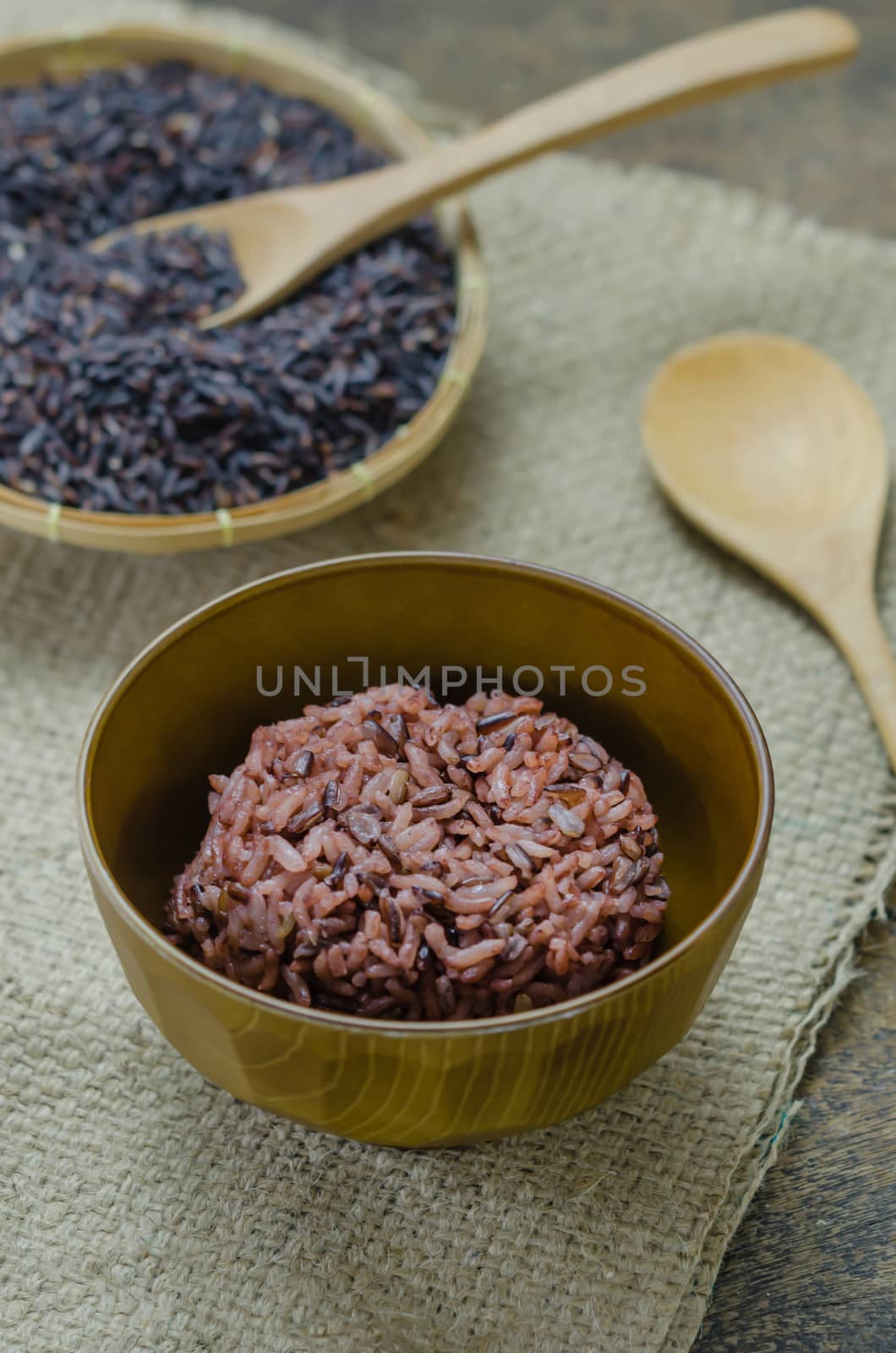 close up of cooked rice and raw Riceberry