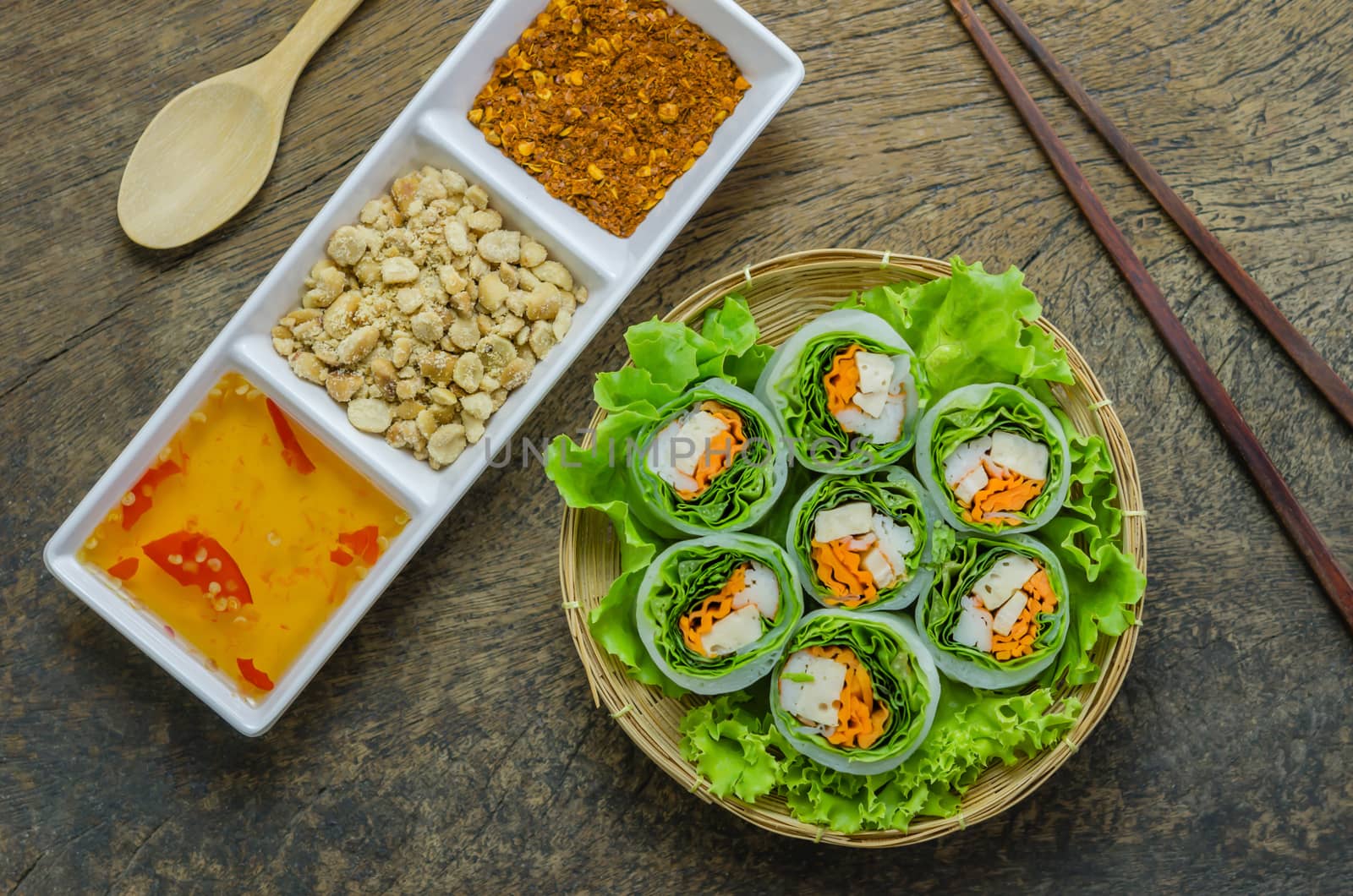 top view Fresh Spring Roll, Vietnamese Food.