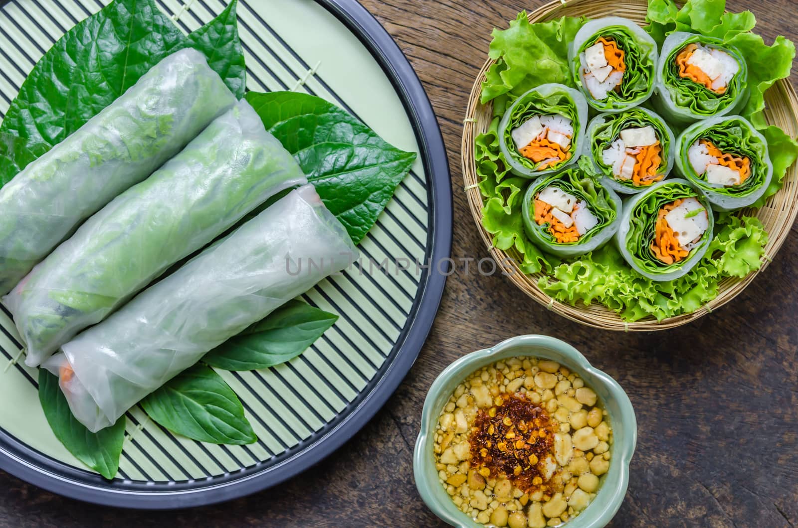 top view Fresh Spring Roll, Vietnamese Food.