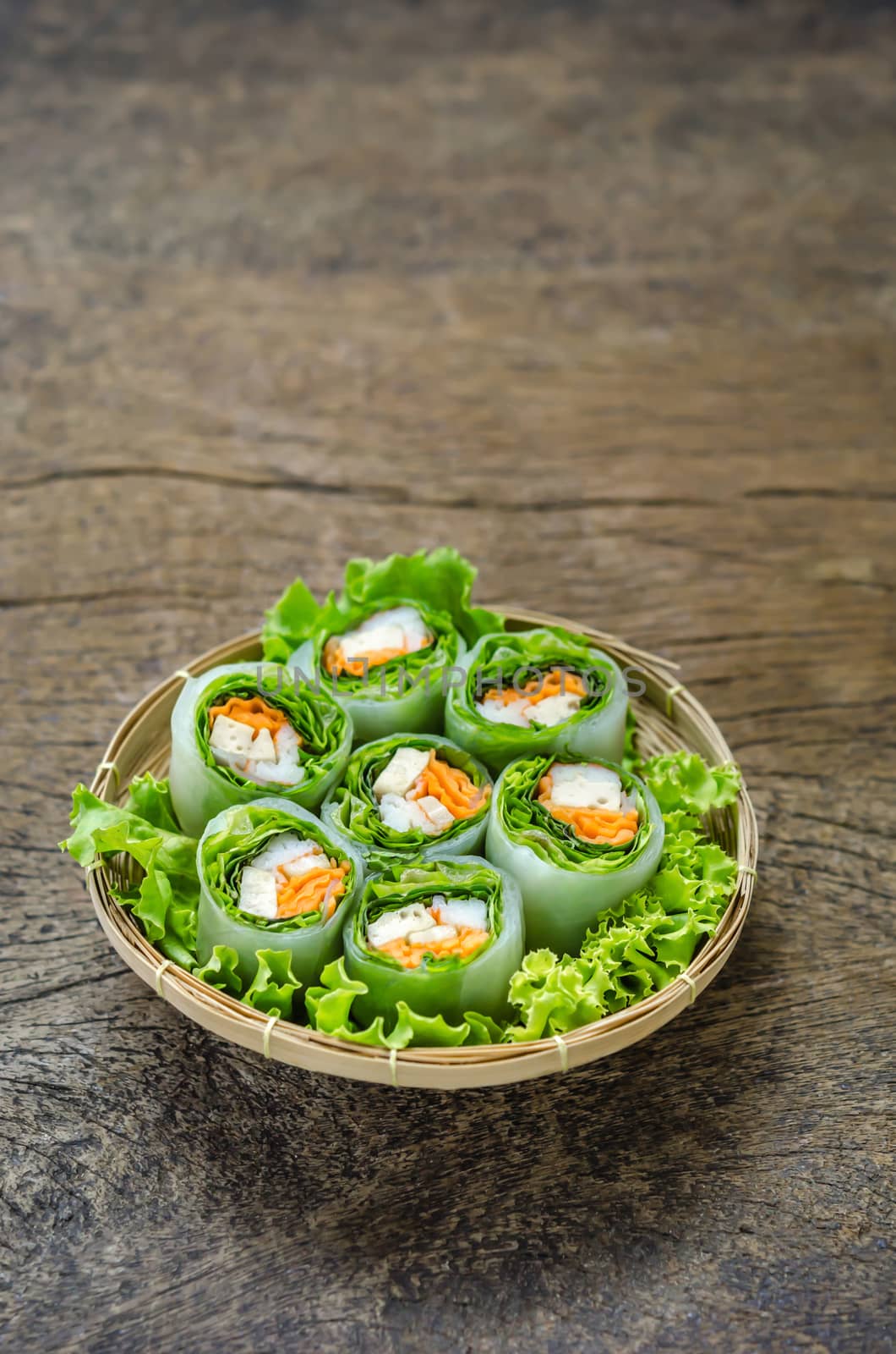 Fresh Spring Roll on bamboo basket, Vietnamese Food