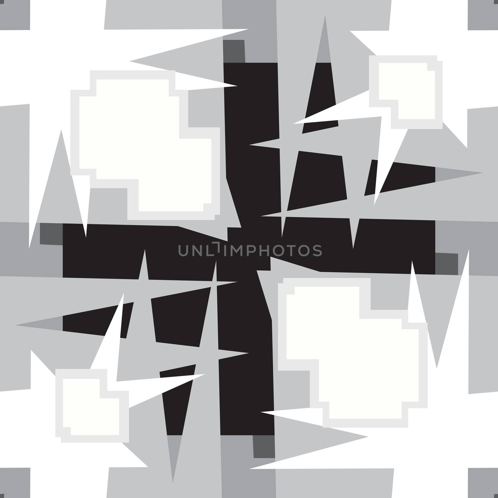 Abstract gray tile shapes with squares and stars in seamless pattern