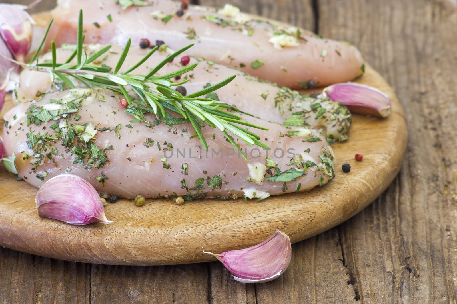 Raw chicken breast fillets with herbs and spices by miradrozdowski