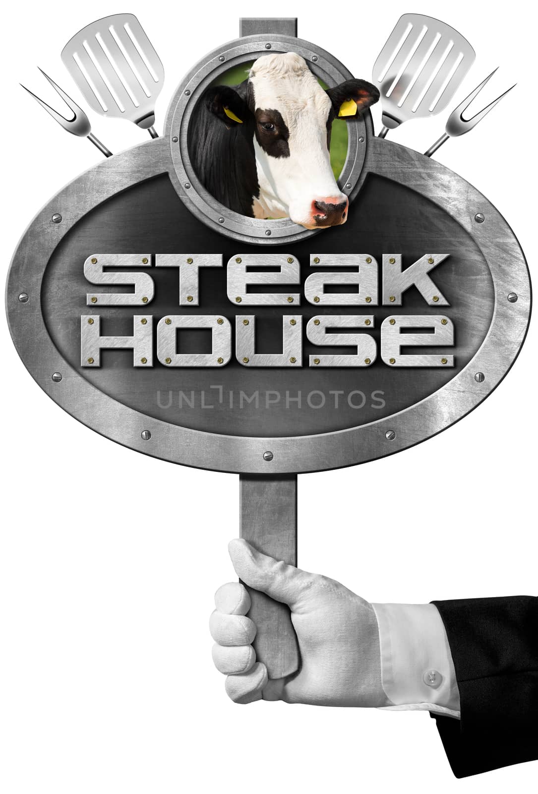 Hand of chef holding a metal sign with text Steak house, head of cow, forks and spatulas. Isolated on white background