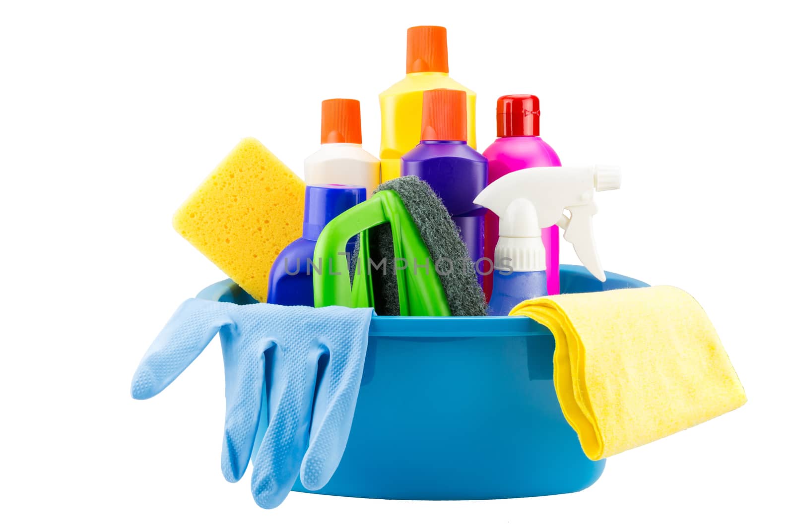 Cleaning tools in blue bucket on white background (Isolated)