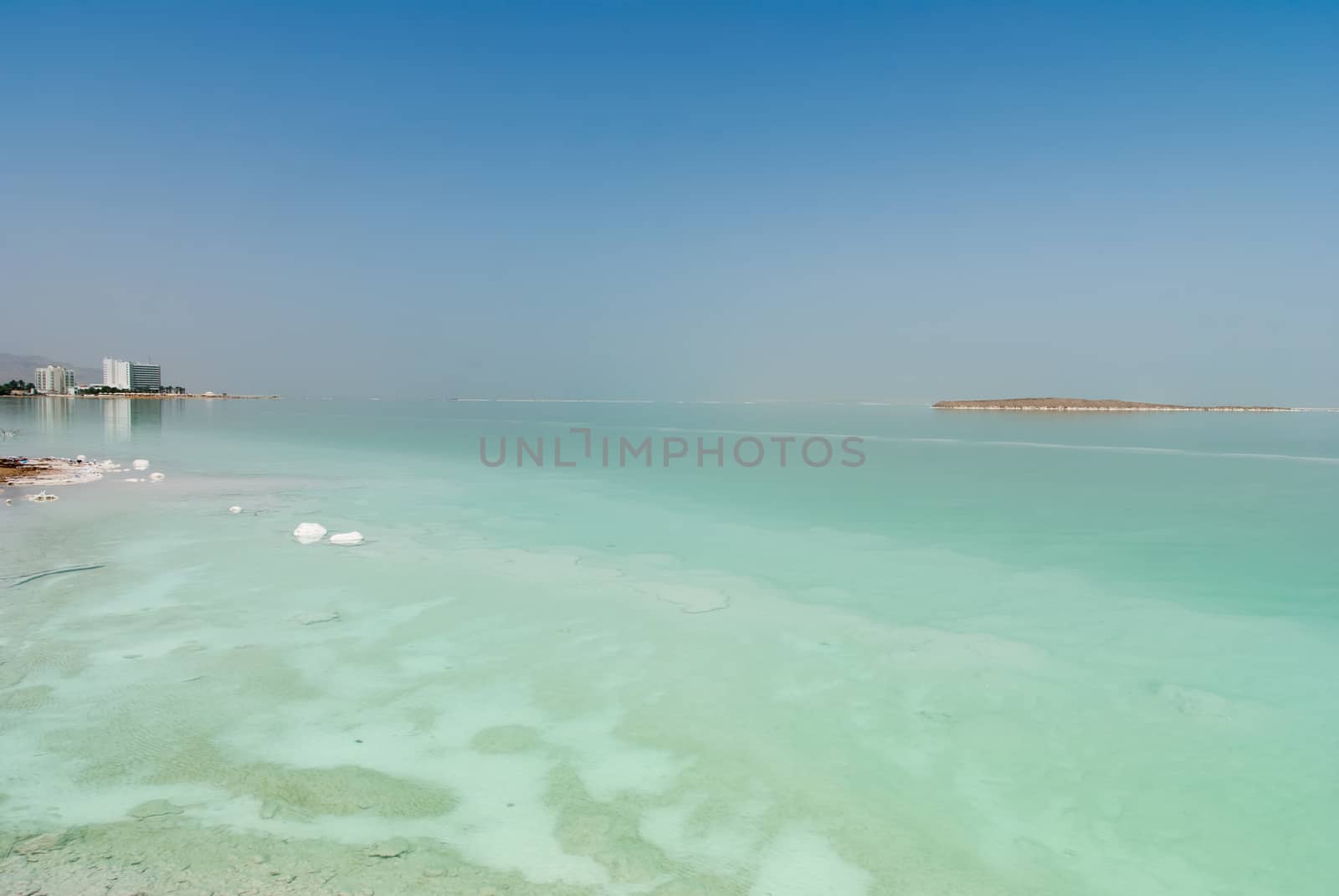 Panoramic view over the Dead sea in misty haze, Israel