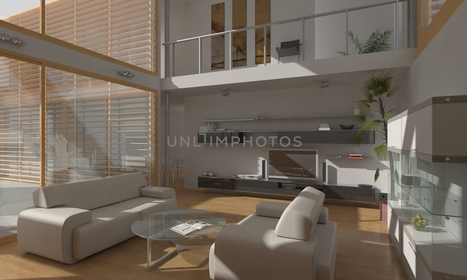 Photorealistic 3D render of a living room