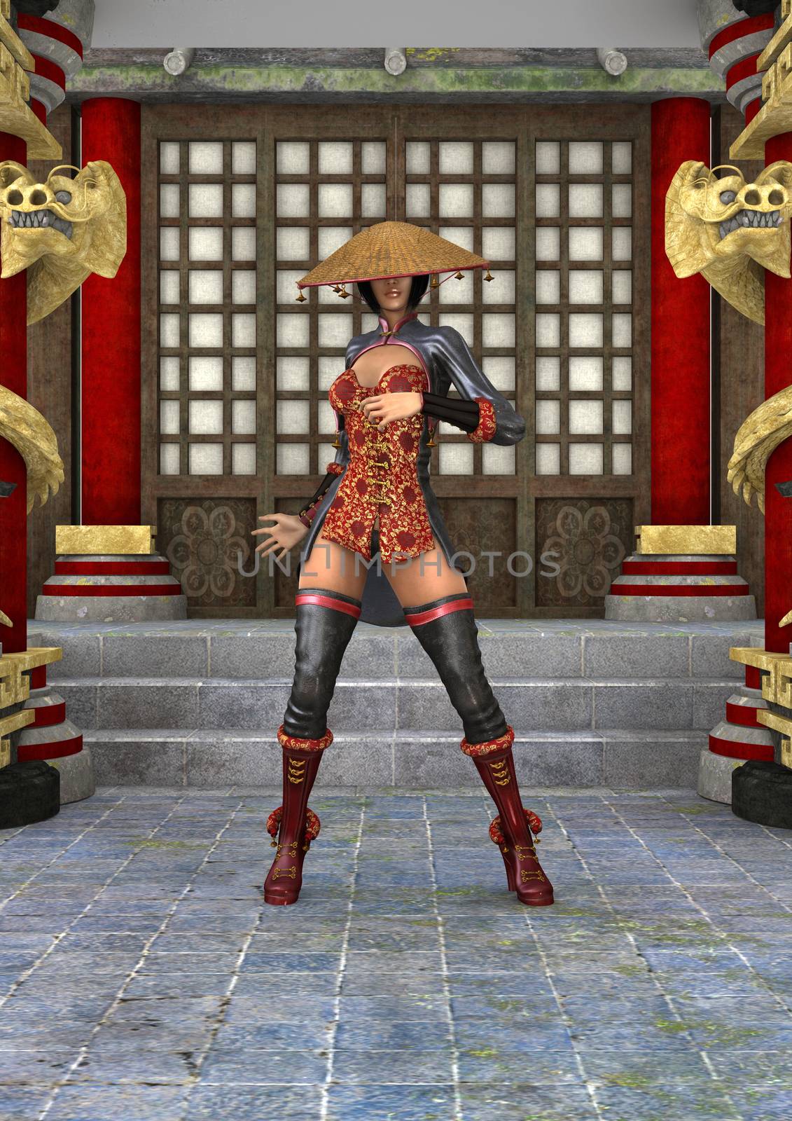 3D digital render of a beautiful Asian battle woman on a traditional temple background