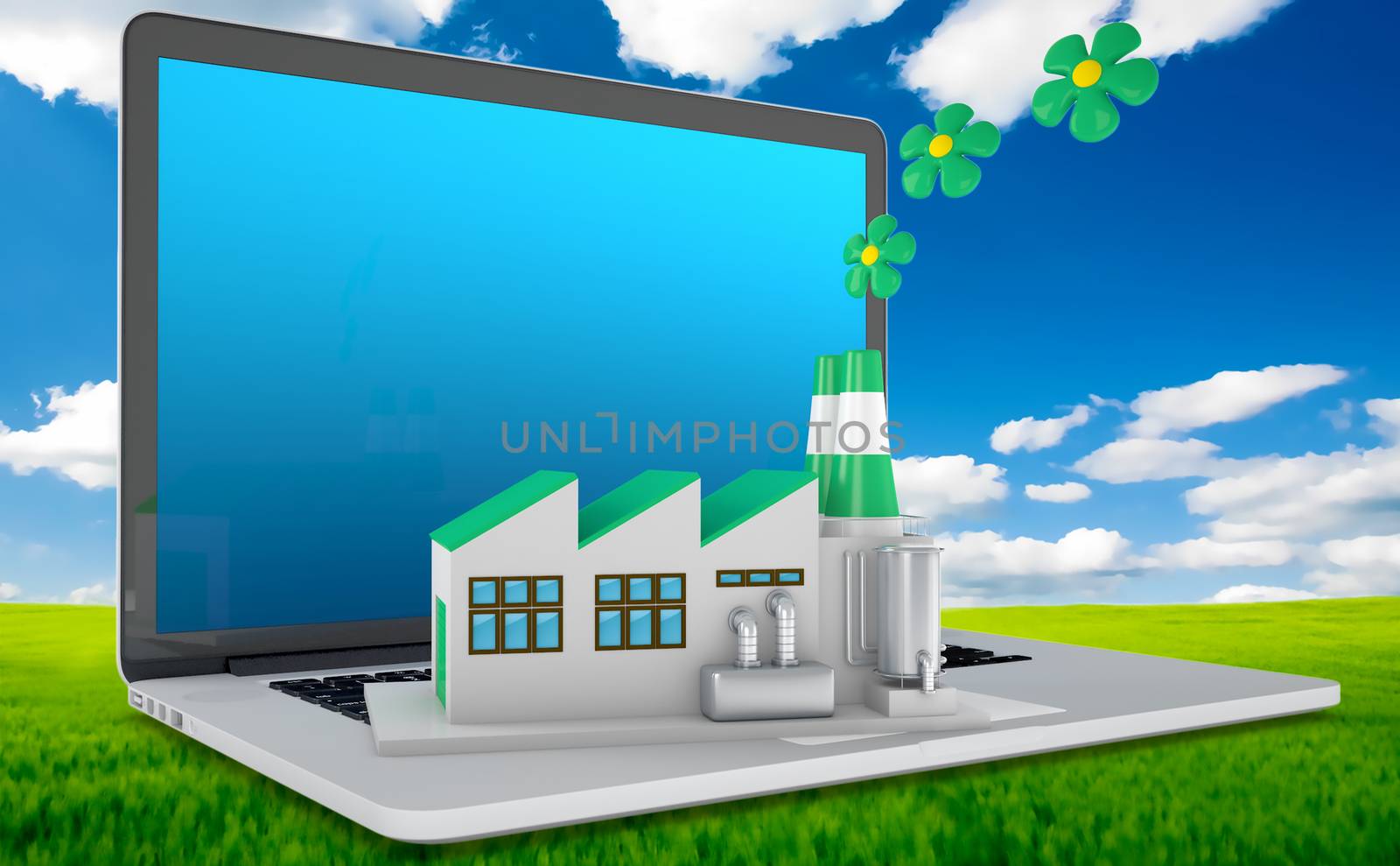 Environmentally friendly factory concept. Green factory on the laptop.
Concept: the importance of digitalizing in the infrastructures, considering also the environmental sustainability.