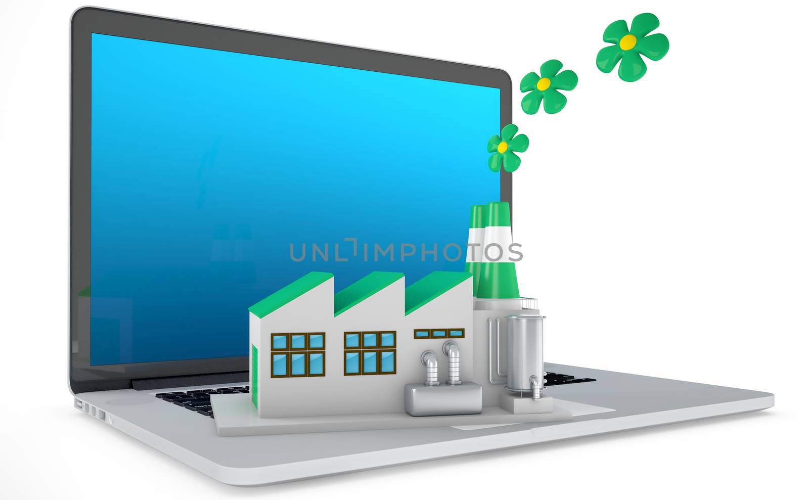 Environmentally friendly factory concept. Green factory on the laptop.
Concept: the importance of digitalizing in the infrastructures, considering also the environmental sustainability.