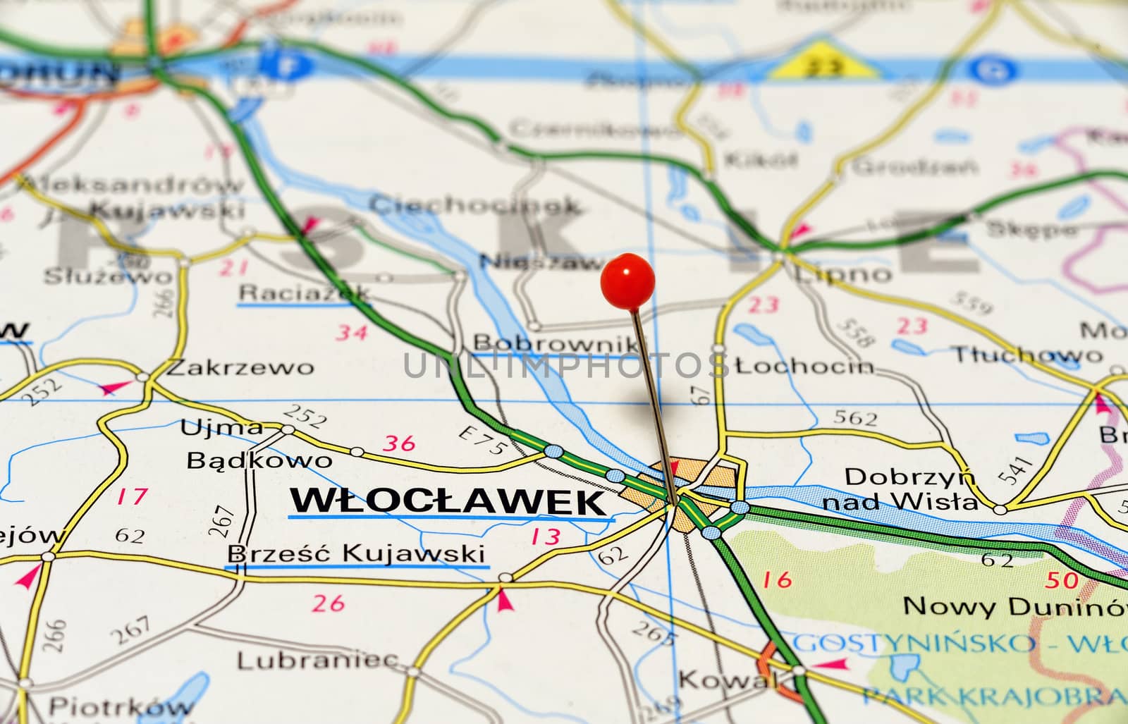 Closeup map of Włocławek. Włocławek a city in Poland.