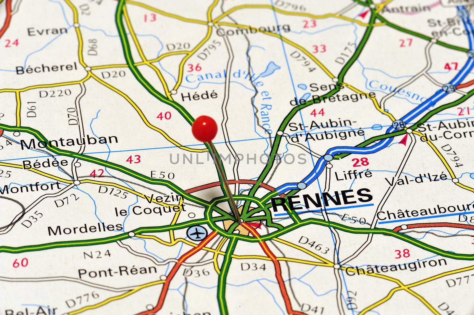 Close-up of the French town of Rennes in France on a road map photographed from above