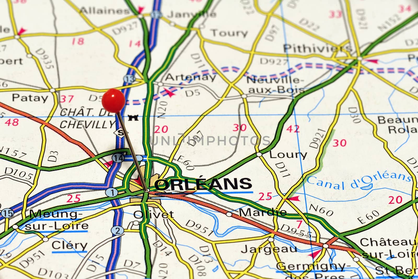 Closeup map of Orleans. Orleans is a city France.
