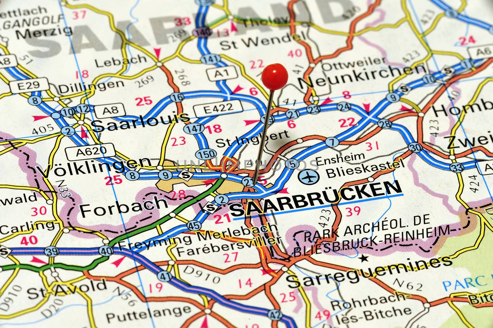 Closeup map of Saarbrücken. Saarbrücken is the capital of the Saarland in western Germany.