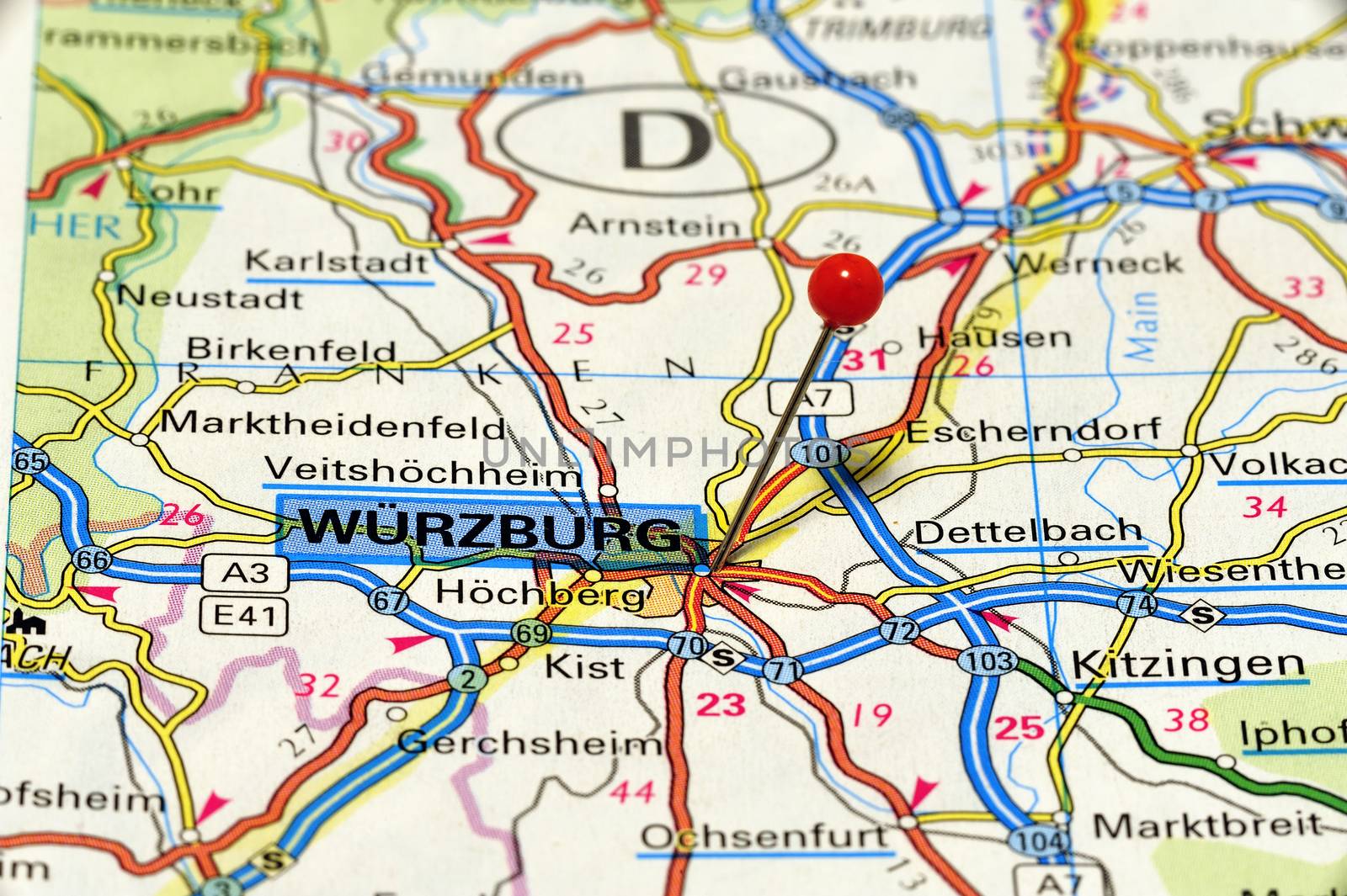 Closeup map of Würzburg a city in Germany.