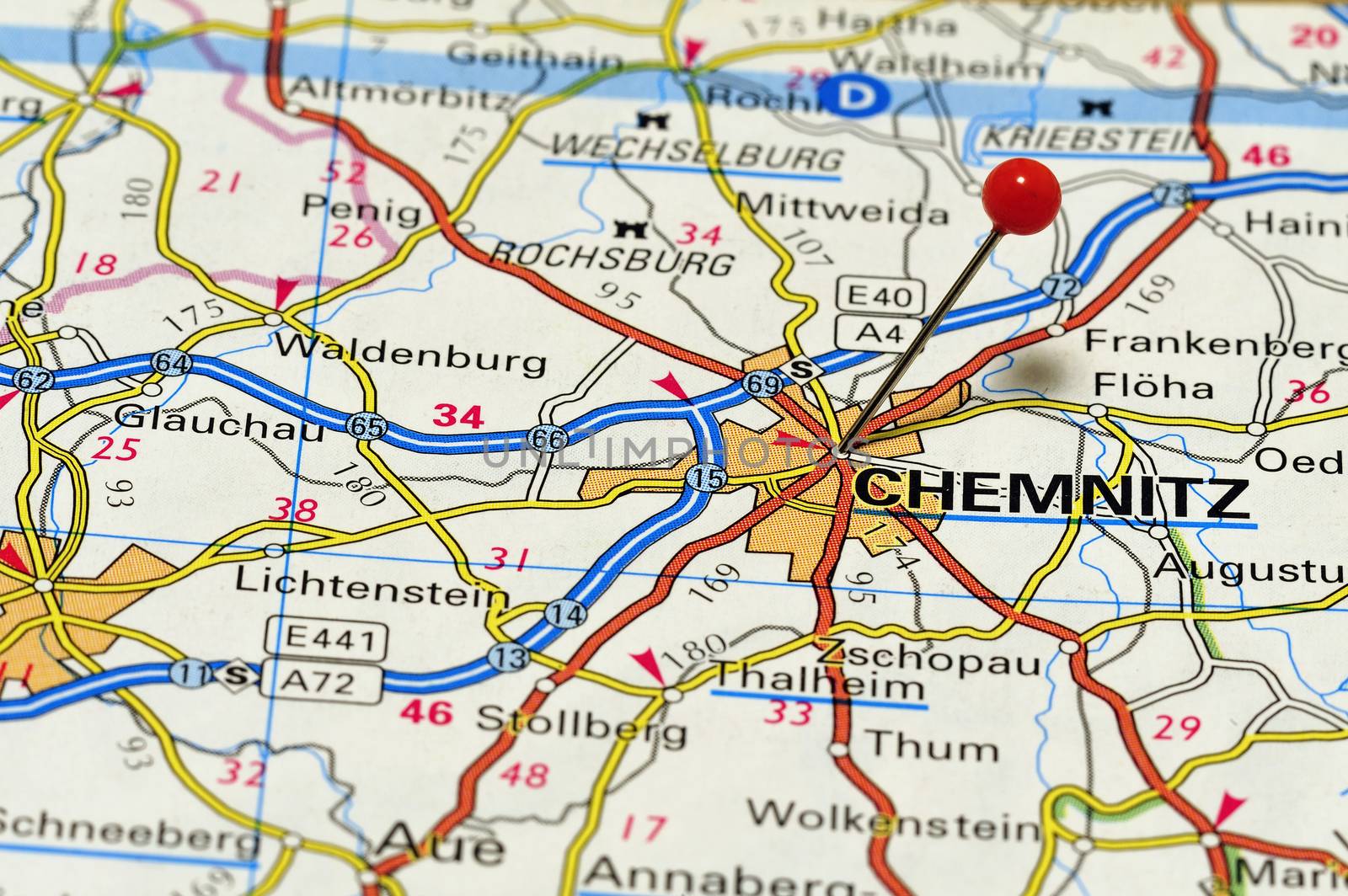 Closeup map of Chemnitz. Chemnitz is a city in southeastern Germany. It is located in Saxony about 40 kilometers from the Czech border.
