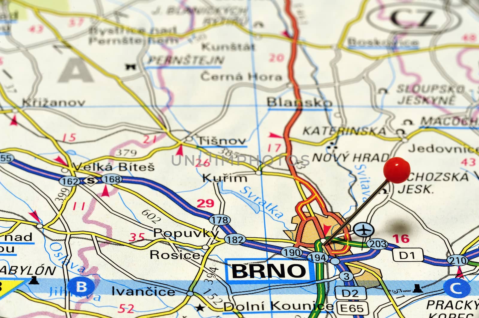 Closeup map of Brno. Brno is a city in Moravia in the southeastern Czech Republic.