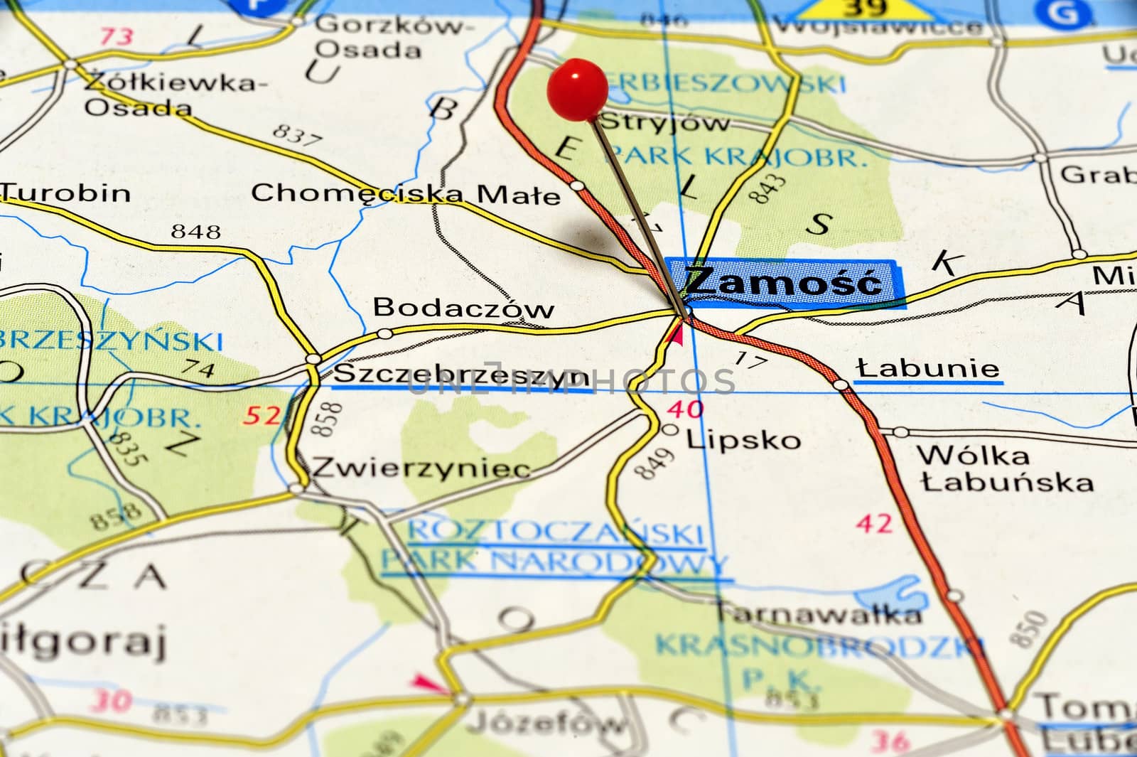 Closeup map of Zamość. Zamość is located in southeastern Poland. The city is located in the Lublin Voivodship 1975-1998 and was the capital of the voivodship Zamość.