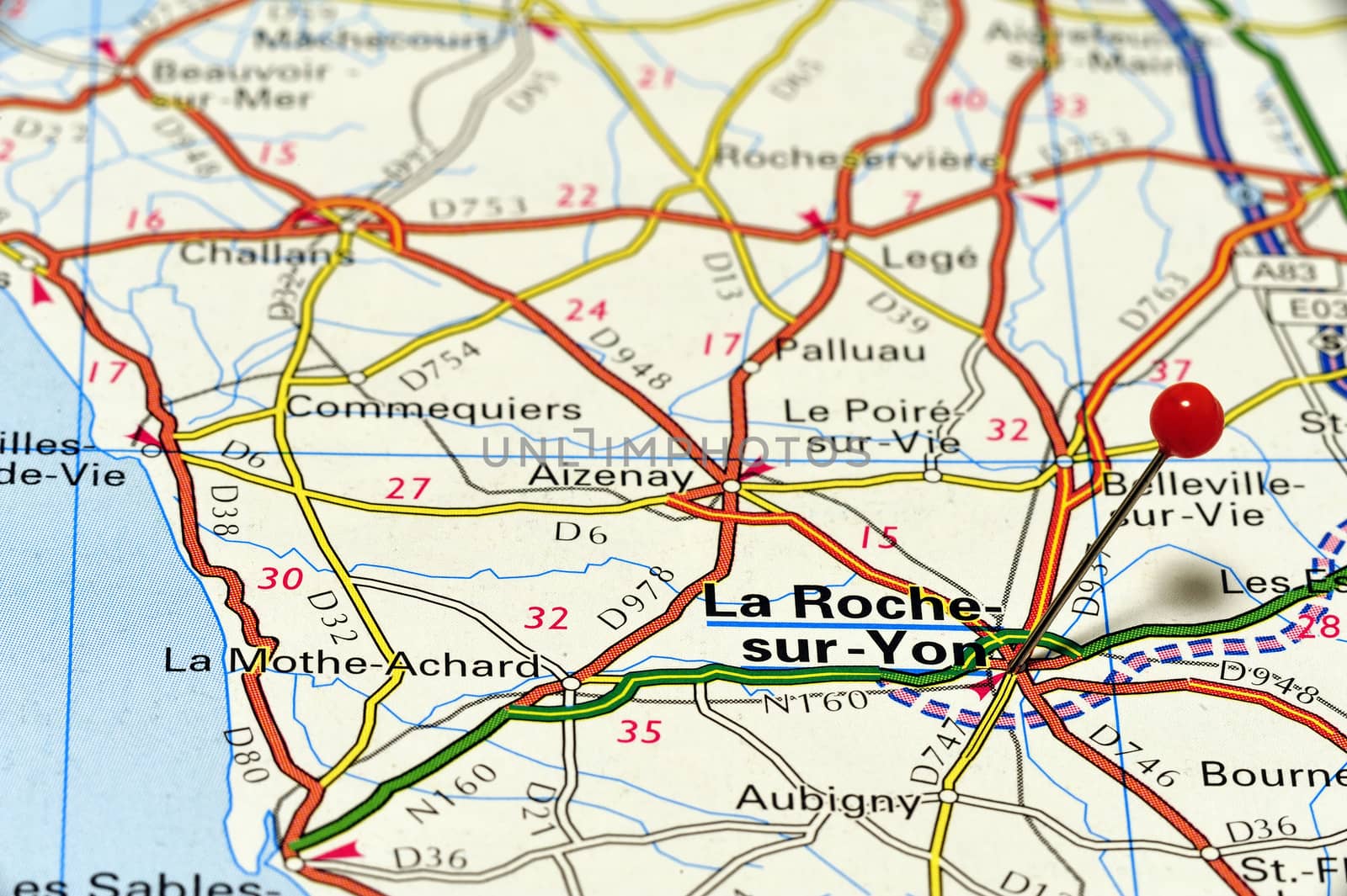 Closeup map of La Roche-sur-Yon. La Roche-sur-Yon is the French department of Vendée and the county seat.