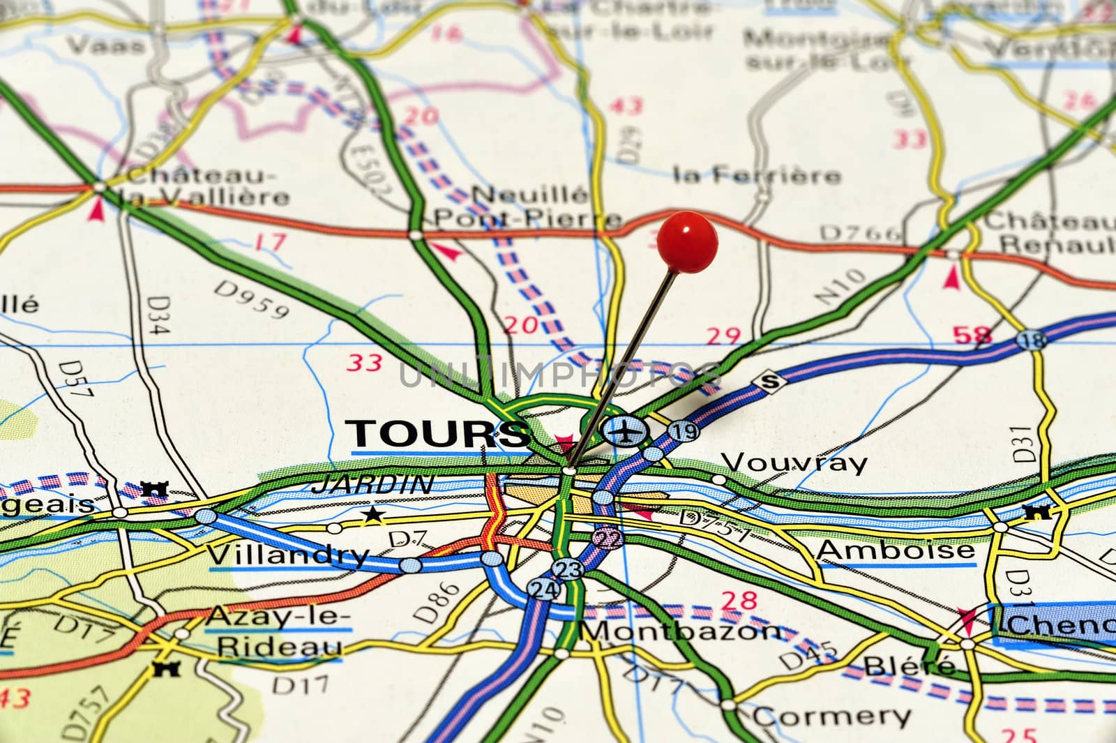 Closeup map of Tours. Tours is a city in Franche.