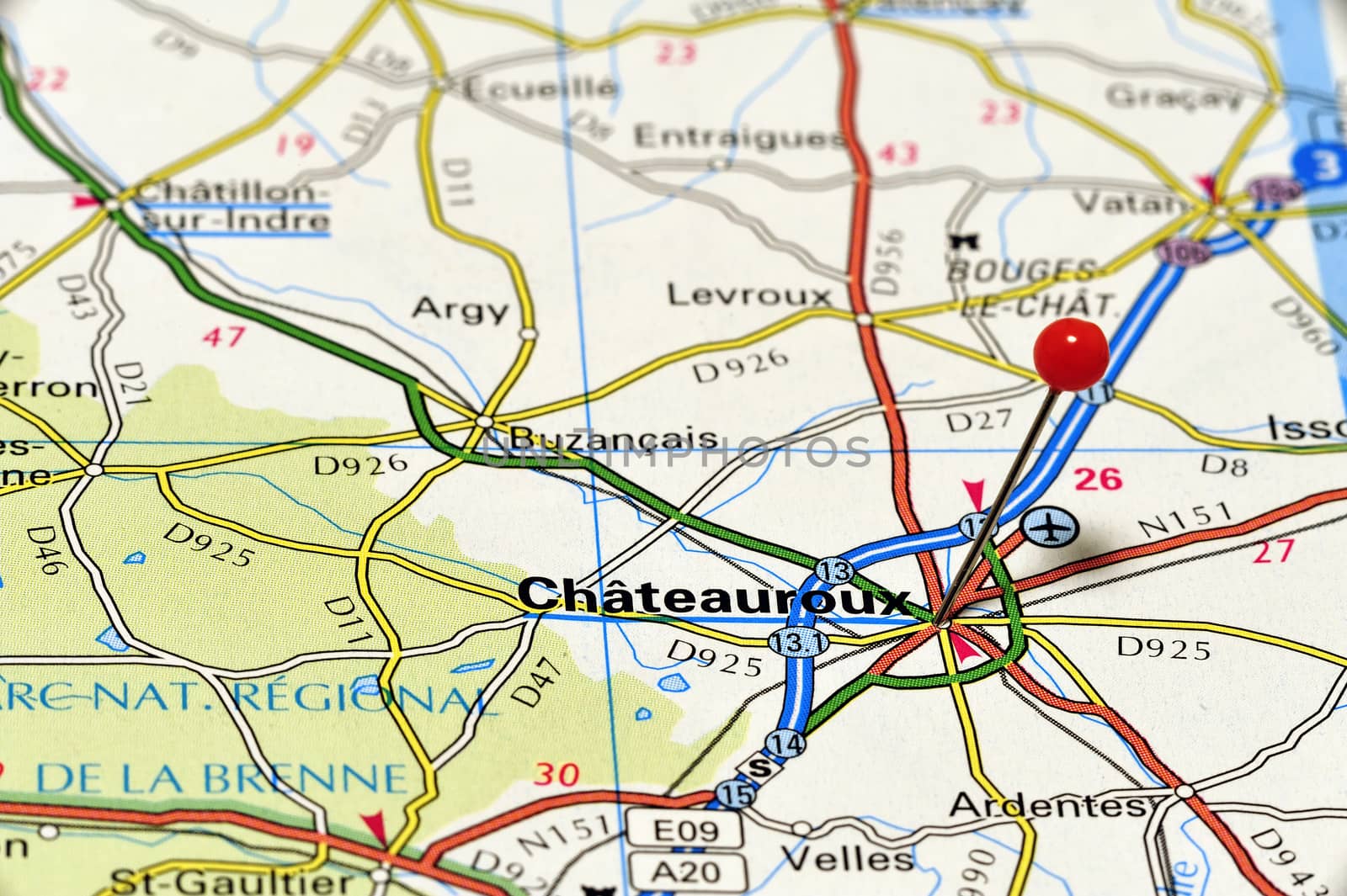 Clouseup map of Châteauroux. Chateauroux is a French municipality and the prefecture of the Indre, Centre region.