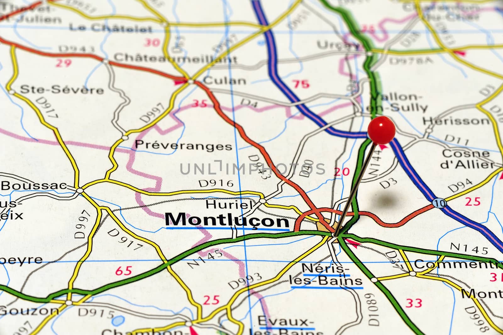 Clouseup map of Montlucon. Montlucon is a city in France.