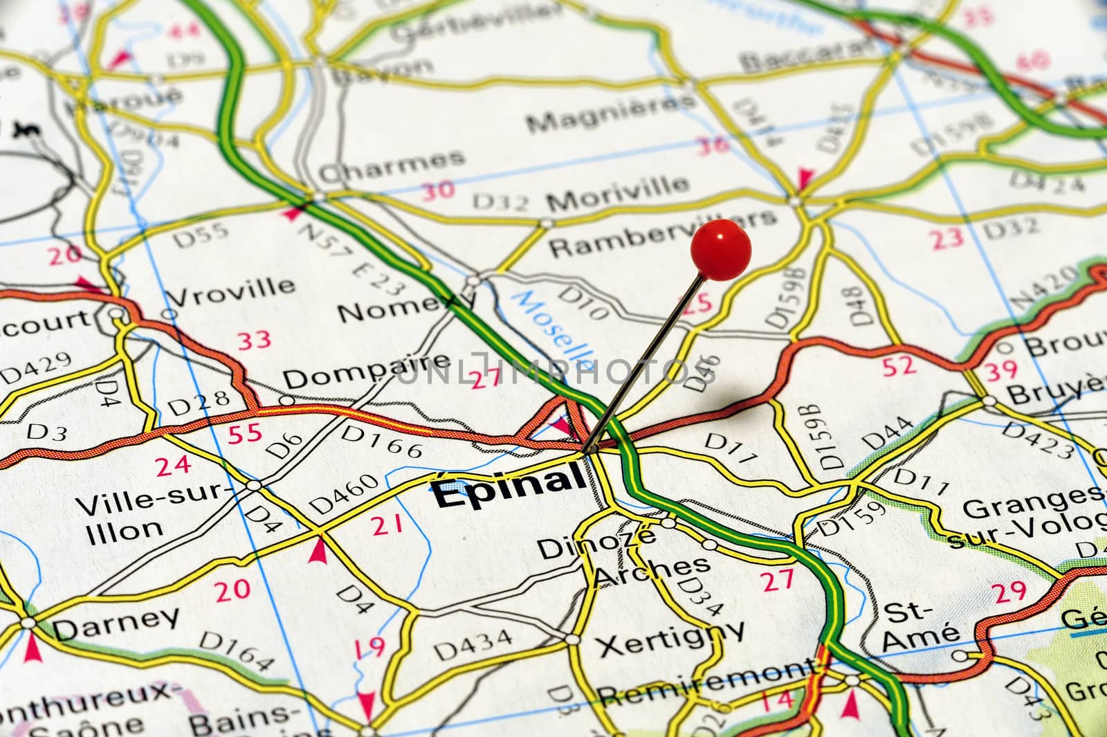 Closeup map of Epinal, Epinal is a city in northeastern France.