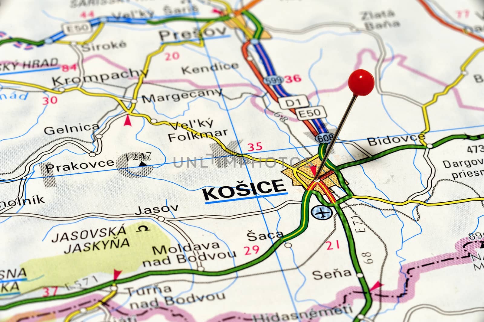 Closeup map of Kosice. Kosice is a city in Slovakia.